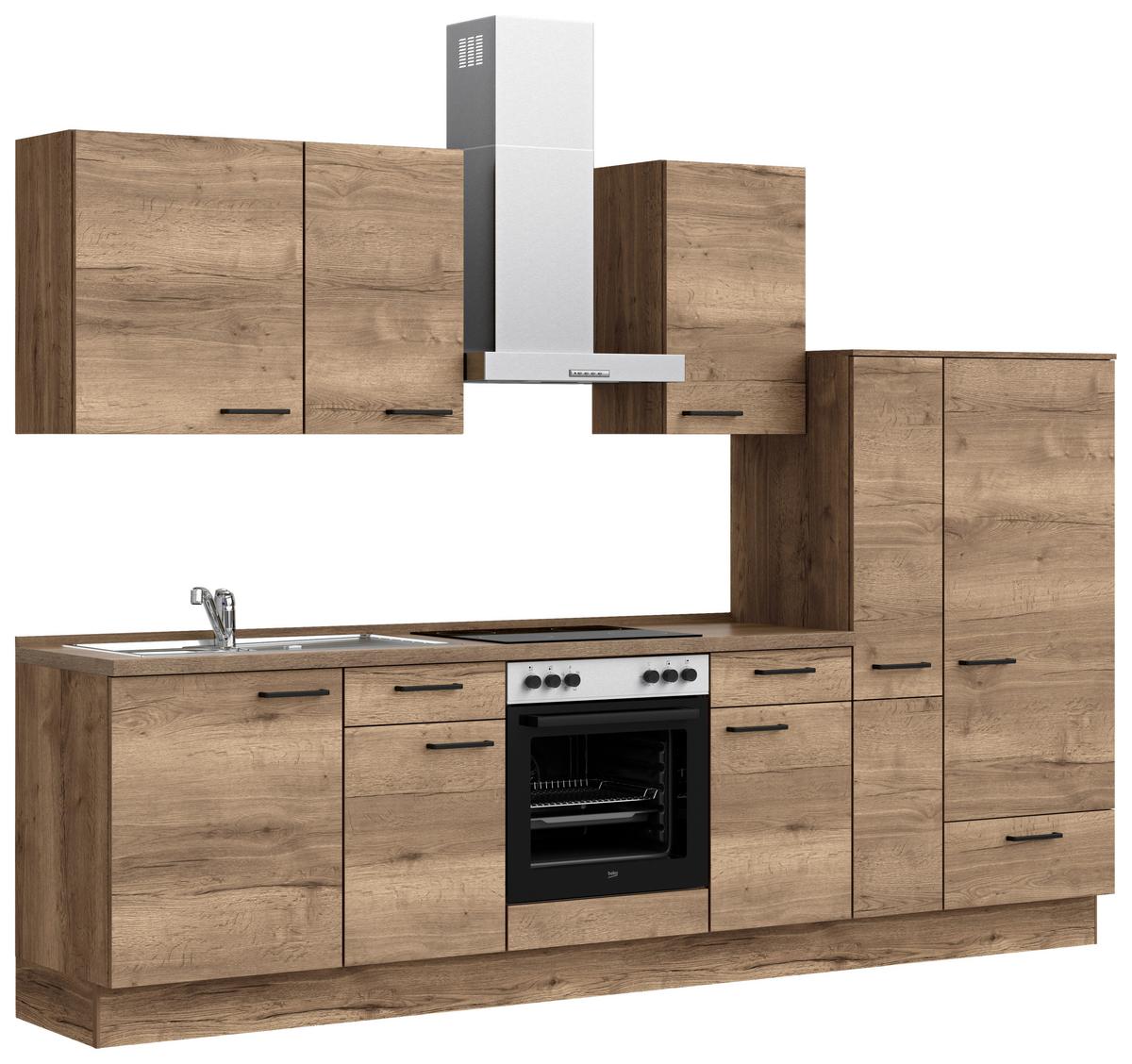 Küchenblock Structura Low m. Geräten Eiche dunkel - Eiche dunkel/Eichefarben, MODERN, Holzwerkstoff/Metall (300cm) - Nobilia