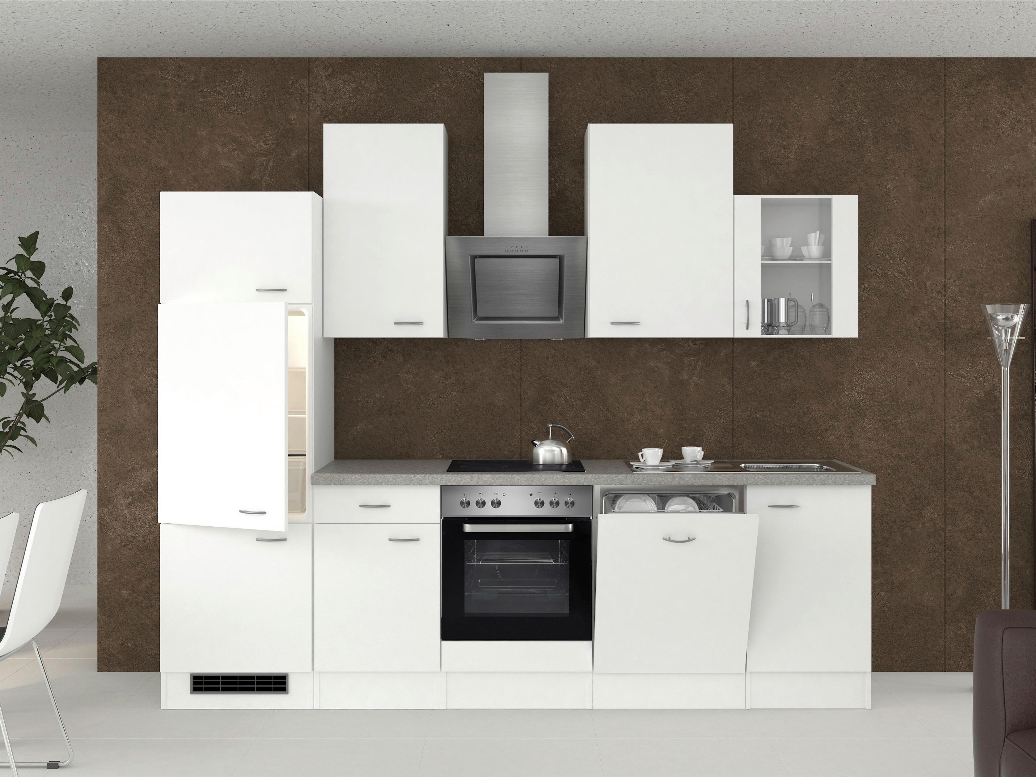 Küchenblock in Weiss inkl. Geräte und Spüle 'Wito' - Edelstahlfarben/Hellgrau, MODERN, Glas/Holzwerkstoff (280cm) - FlexWell