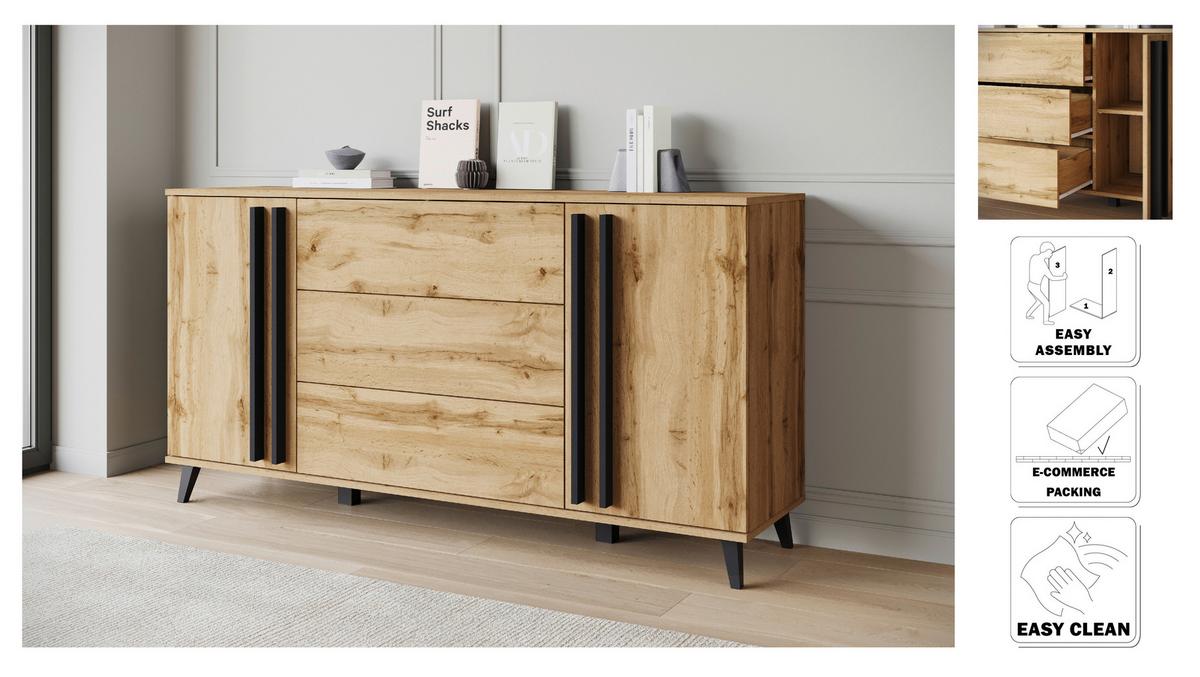 Sideboard Helsinki Eiche Wotan Dekor B: 150cm - Eiche Wotan/Schwarz, Trend, Holzwerkstoff/Kunststoff (150/77,8/39,5cm) - P & B