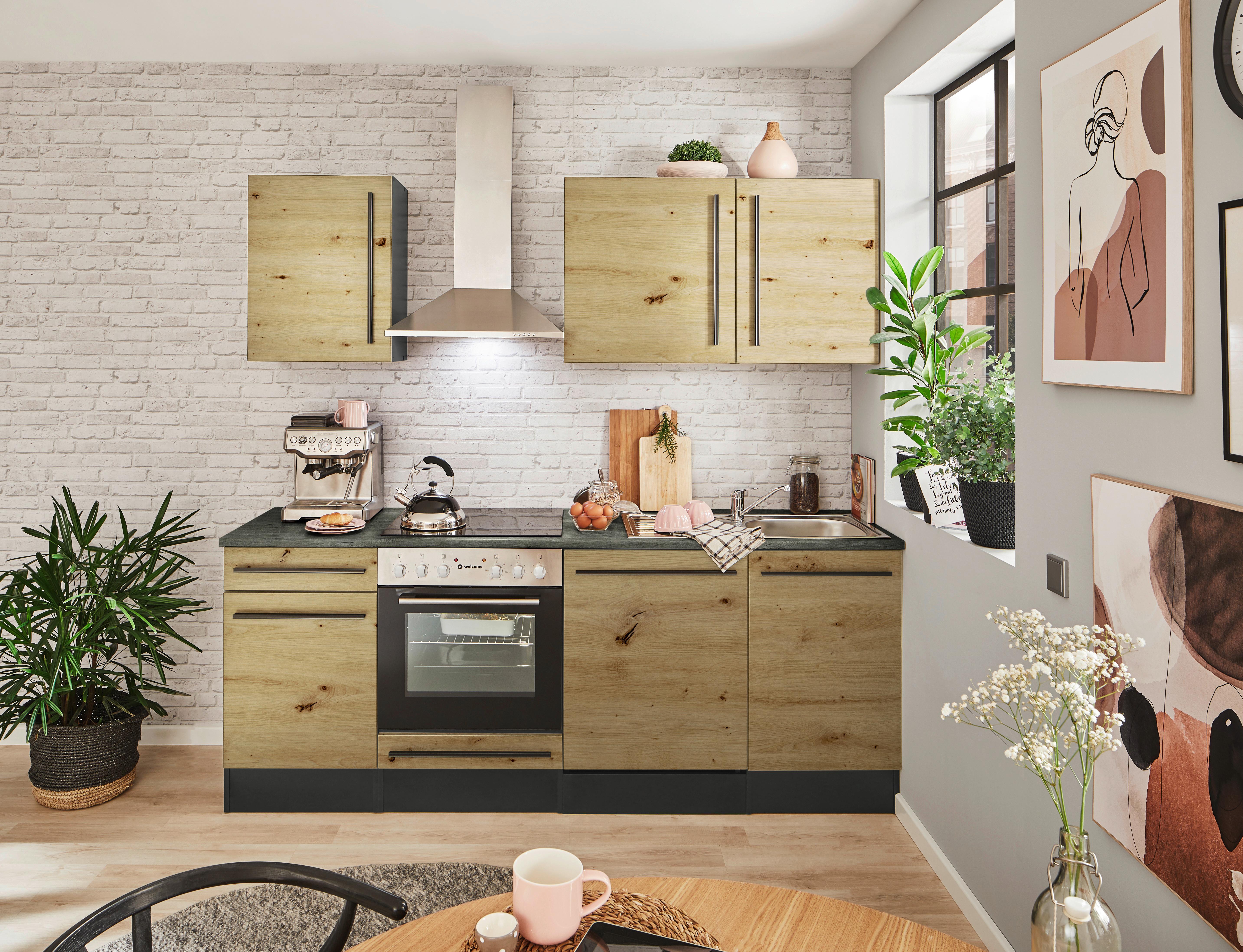 Küchenblock Jazz mit Geräten ca.220cm Eiche/Anthrazit - Anthrazit/Schwarz, LIFESTYLE, Holzwerkstoff/Kunststoff (220cm) - P & B