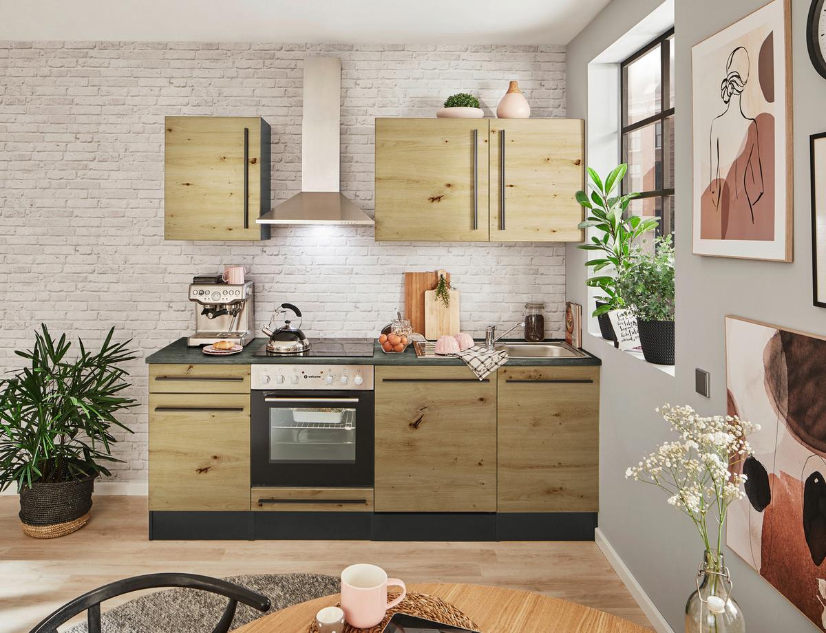 Küchenblock Jazz mit Geräten ca.220cm Eiche/Anthrazit - Anthrazit/Schwarz, LIFESTYLE, Holzwerkstoff/Kunststoff (220cm) - P & B