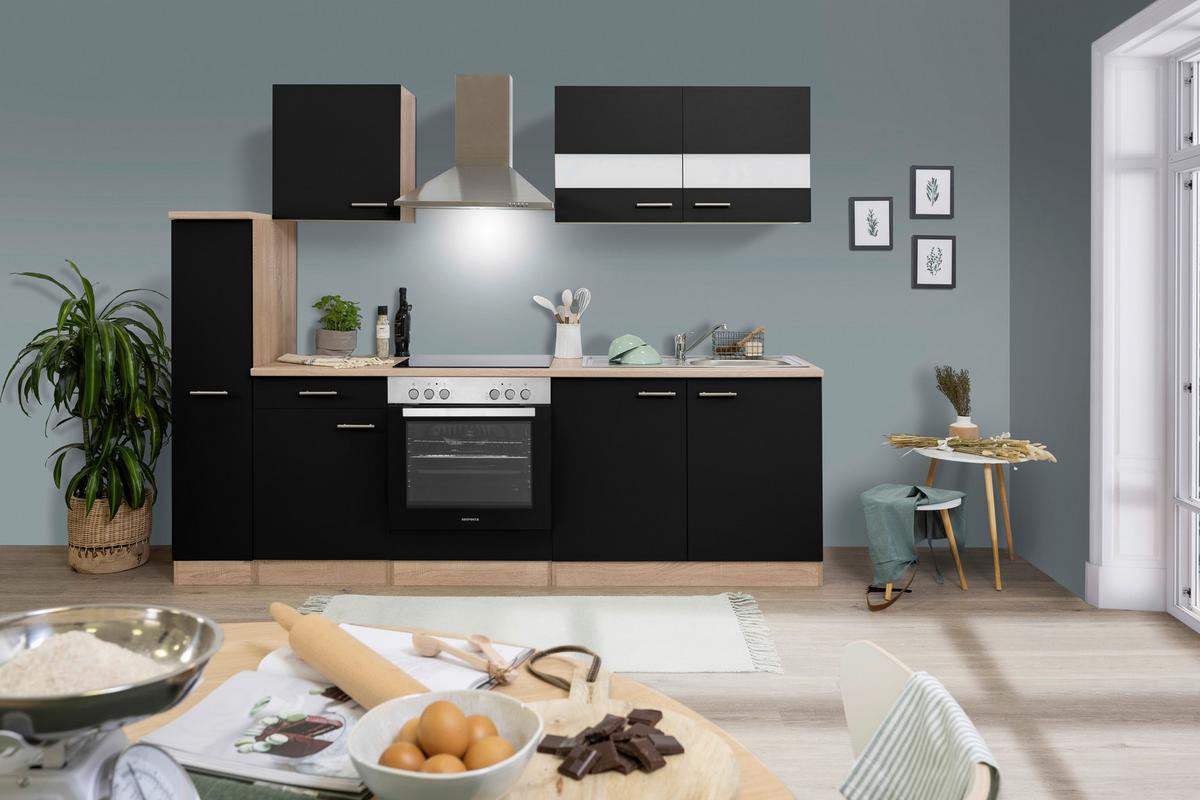 Küchenblock Merle mit Geräten ca. 240 cm Schwarz - Edelstahlfarben/Eichefarben, Basics, Holzwerkstoff/Metall (240cm) - Respekta