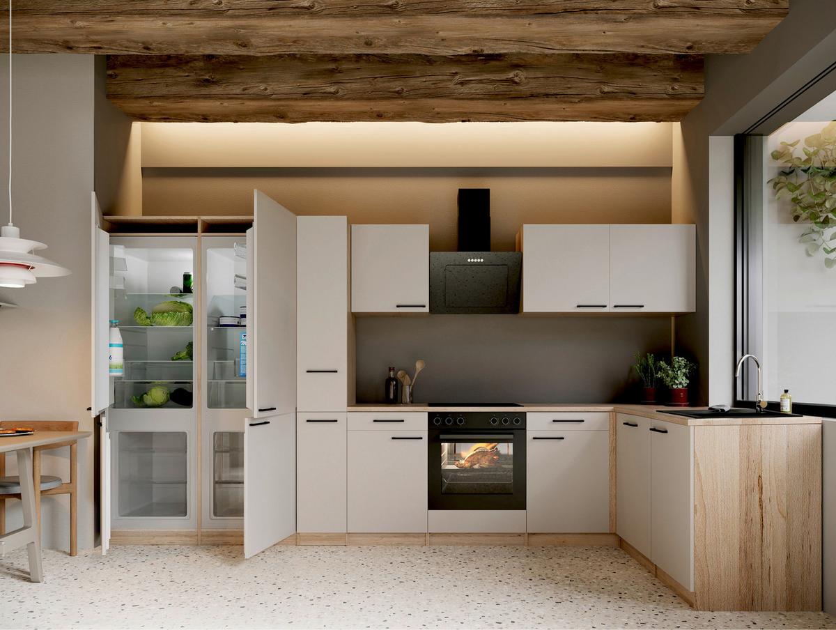Eckküche Merle m. Geräten ca. 370x172cm Kaschmir - Kaschmir/Eichefarben, Trend, Holzwerkstoff/Metall (370/172cm) - Respekta