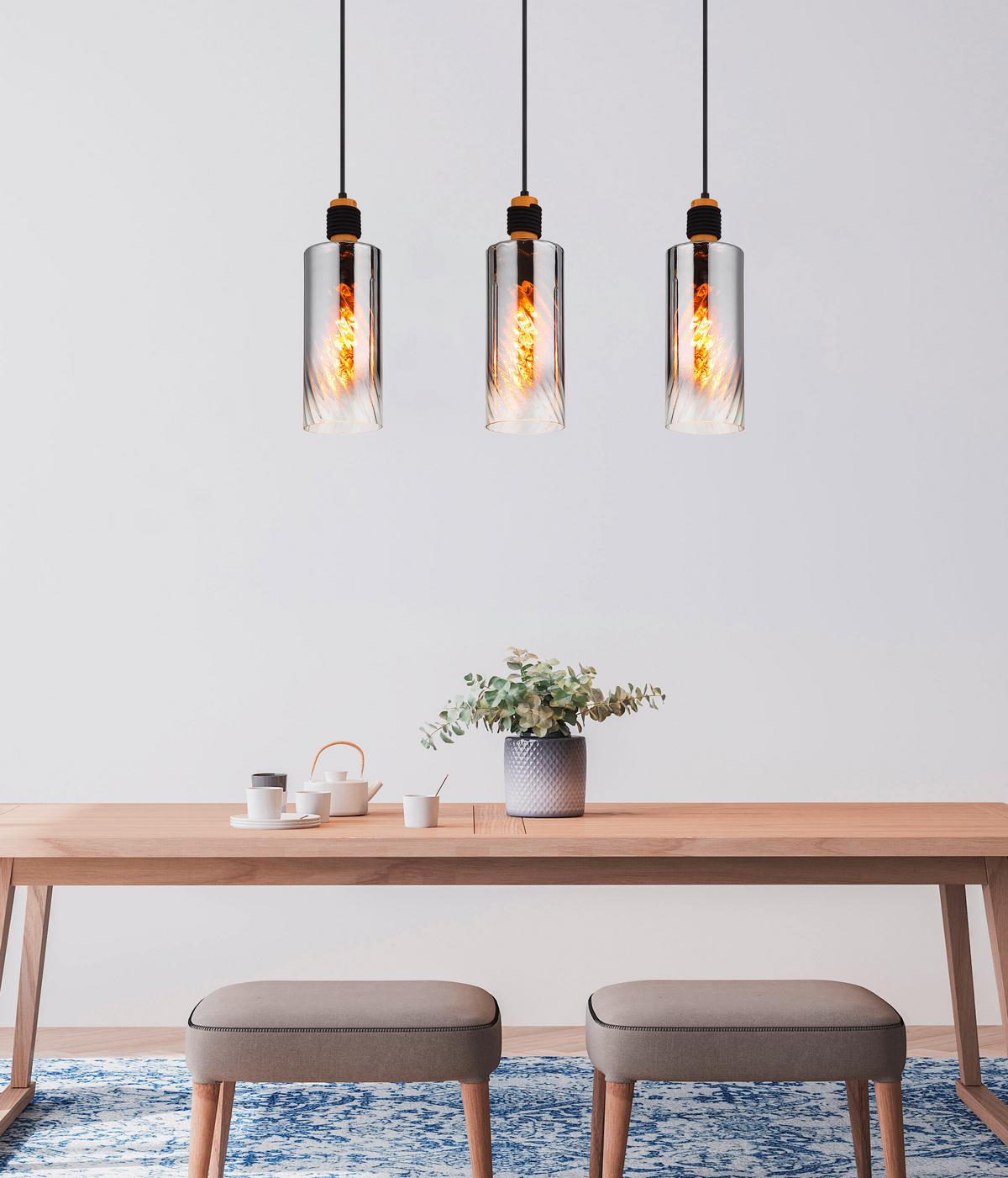 HÄNGELEUCHTE 15777-3H  OSBORNE - Klar/Schwarz, Design, Glas/Holz (68/12/150cm) - Globo