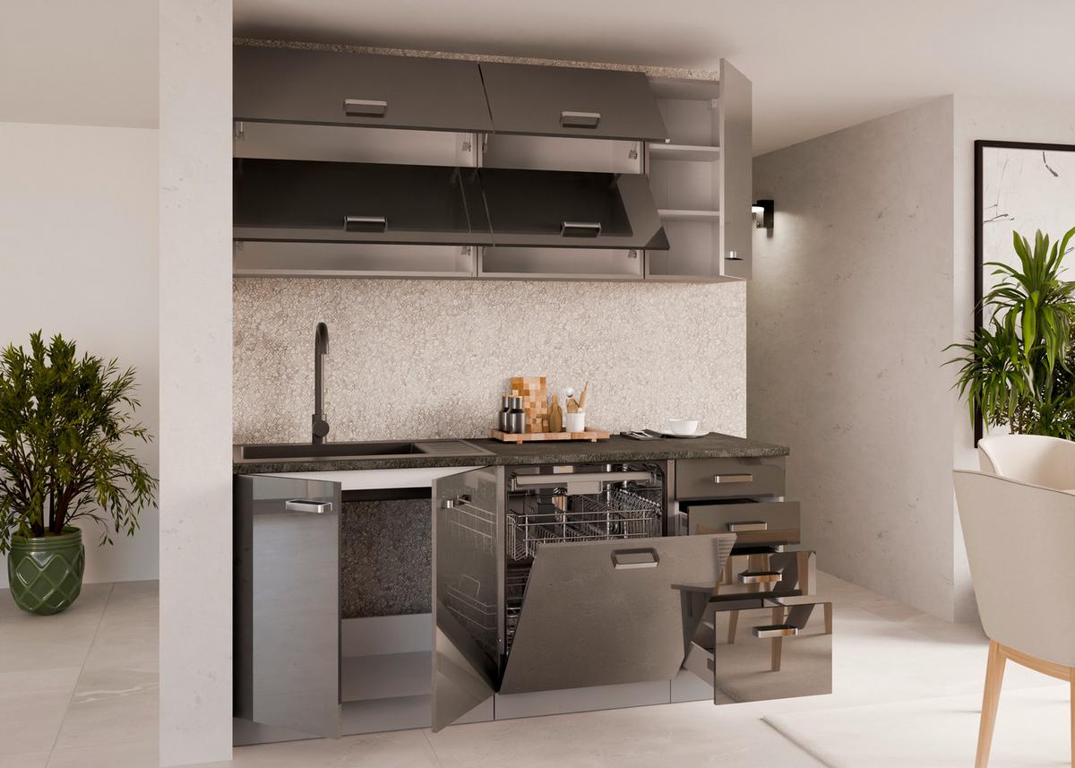 Blok Kuhinja Grey - siva visoki sjaj/boja hroma, Moderno, metal/pločasti materijal (180/214/60cm) - Modern Living