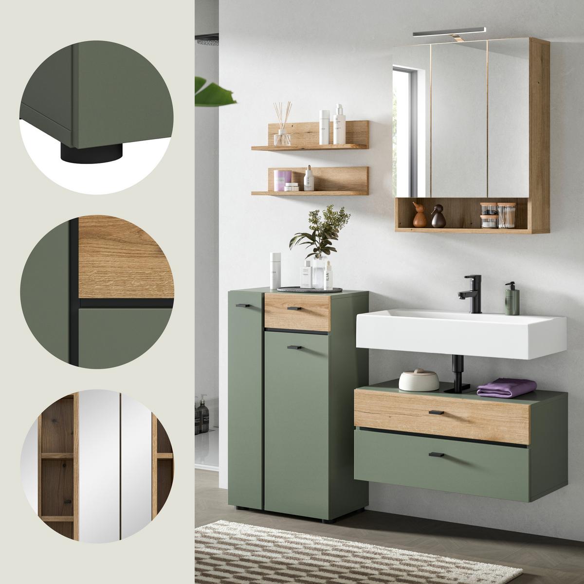 Badezimmer AQUA Grün, Eichefarben 4-teilig - Eichefarben/Schwarz, Trend, Glas/Holzwerkstoff (126cm) - MID.YOU