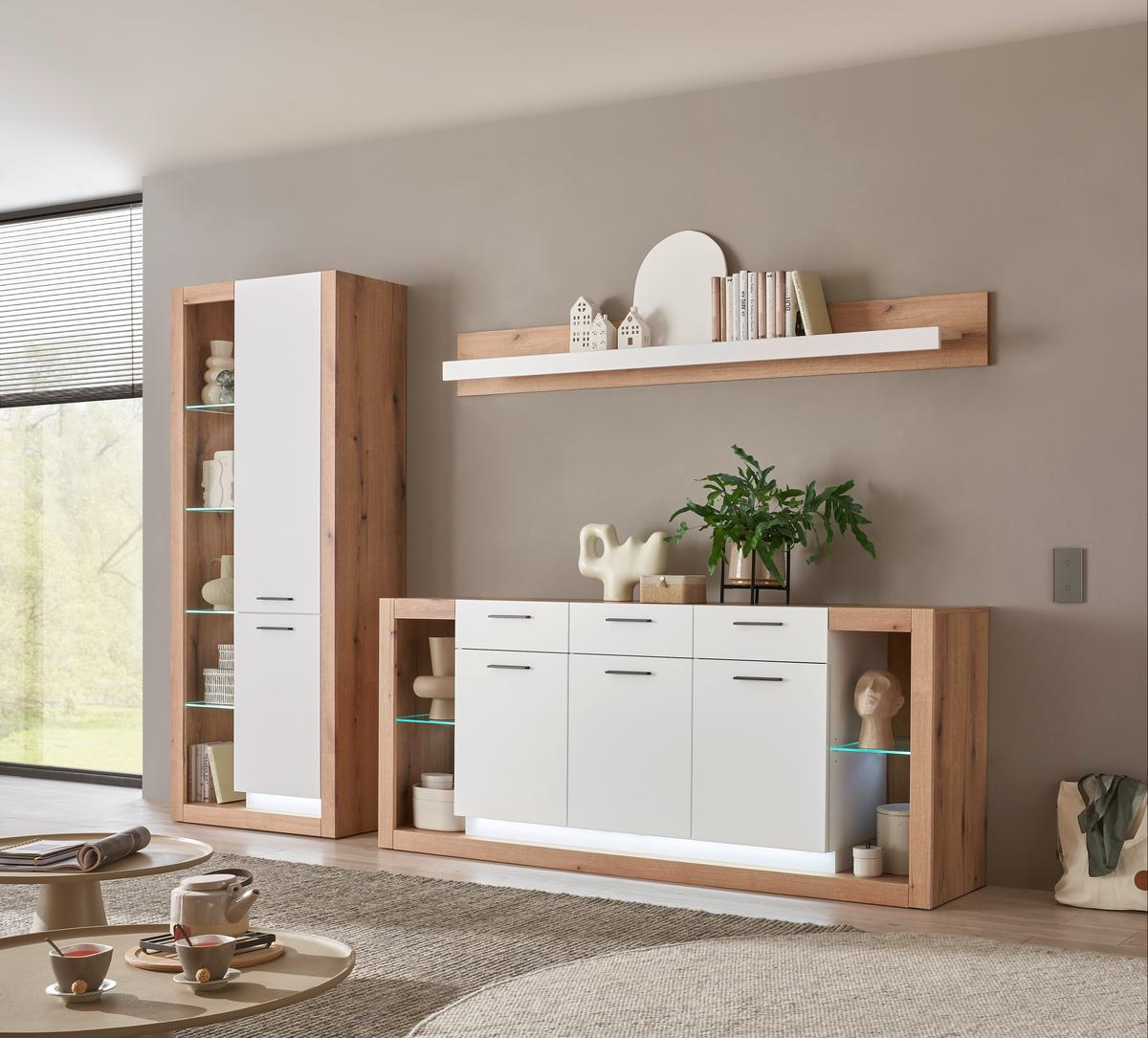 WOHNWAND BRIXEN - Eichefarben/Schwarz, Design, Glas/Holzwerkstoff (298/195/43cm) - MID.YOU