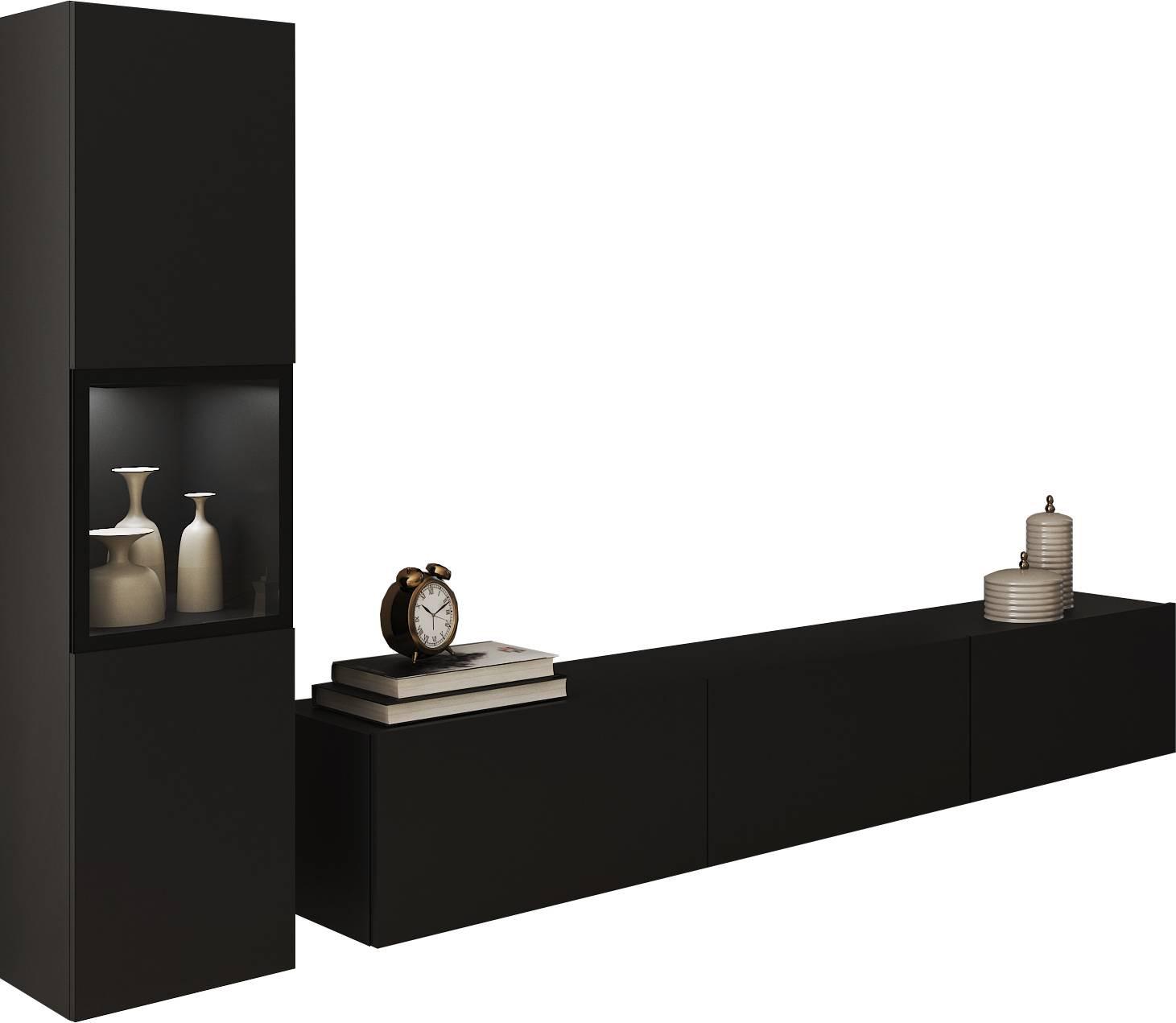 Dnevni Regal Berlin I, Črna Mat, Osvetlitev, 2-Delni - črna/siva, Design, umetna masa/steklo (210/130/32,5cm) - MID.YOU