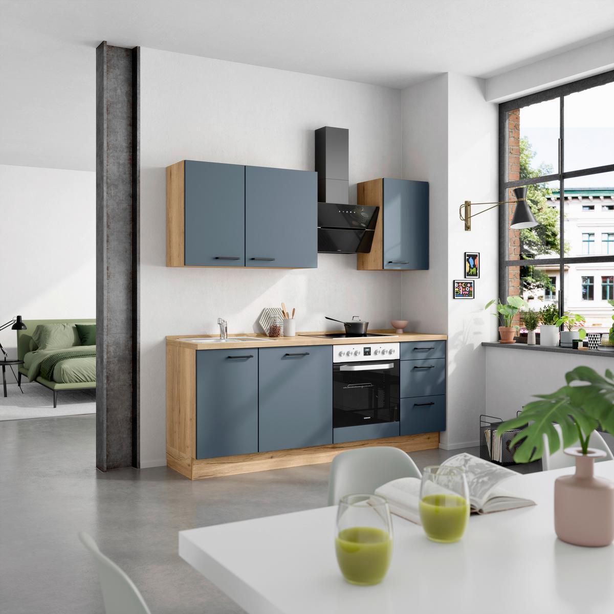 Küchenblock Easytouch High m. Geräten Dunkelblau - Eichefarben/Schwarz, MODERN, Holzwerkstoff/Metall (210cm) - Nobilia