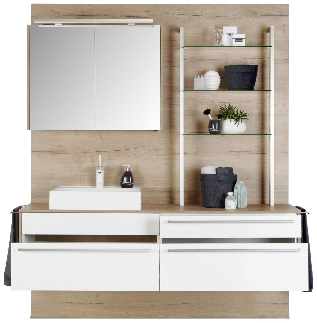 Mobilier de baie la comanda Lars - alb/culoare lemn stejar, Modern, sticlă/piatră (197,8cm) - Celina Home