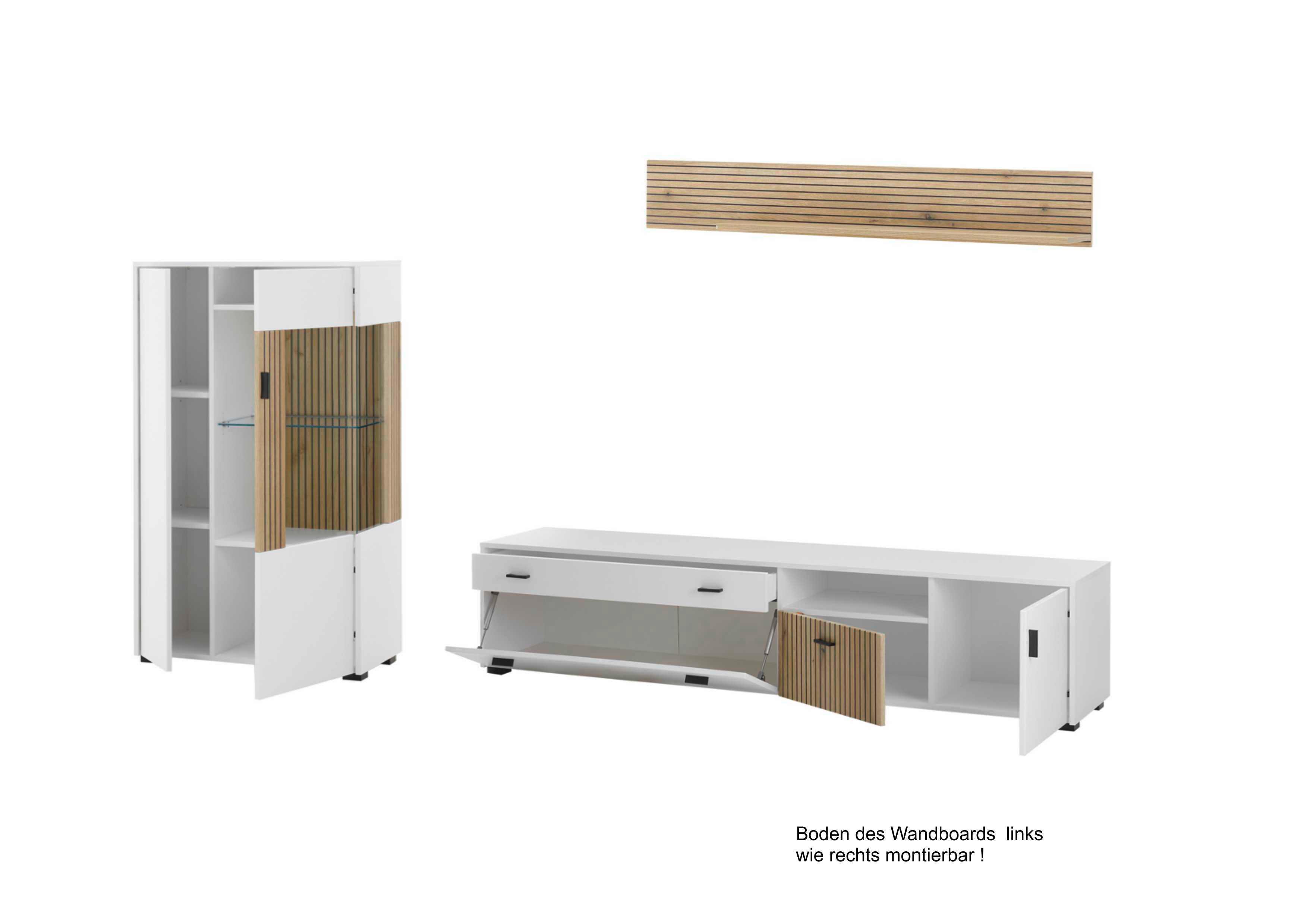 Wohnwand Husdon Weiß/Eichefarben - Eichefarben/Schwarz, Design, Glas/Holzwerkstoff (285/170/42cm) - MID.YOU