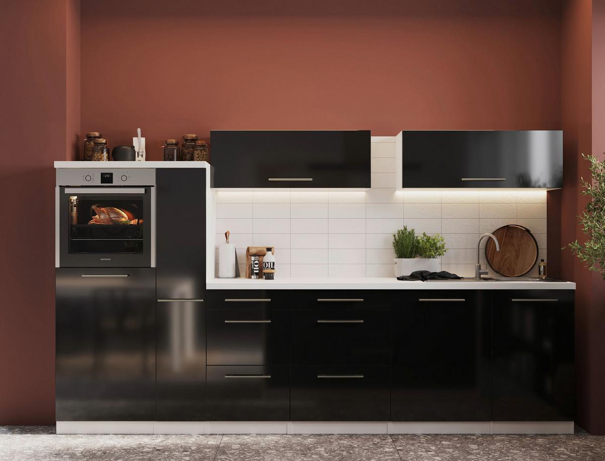Inselküche Premium Schwarz m. Geräten B: ca. 310 cm - Schwarz Hochglanz/Alufarben, MODERN, Naturmaterialien/Holzwerkstoff (310/160cm) - Respekta