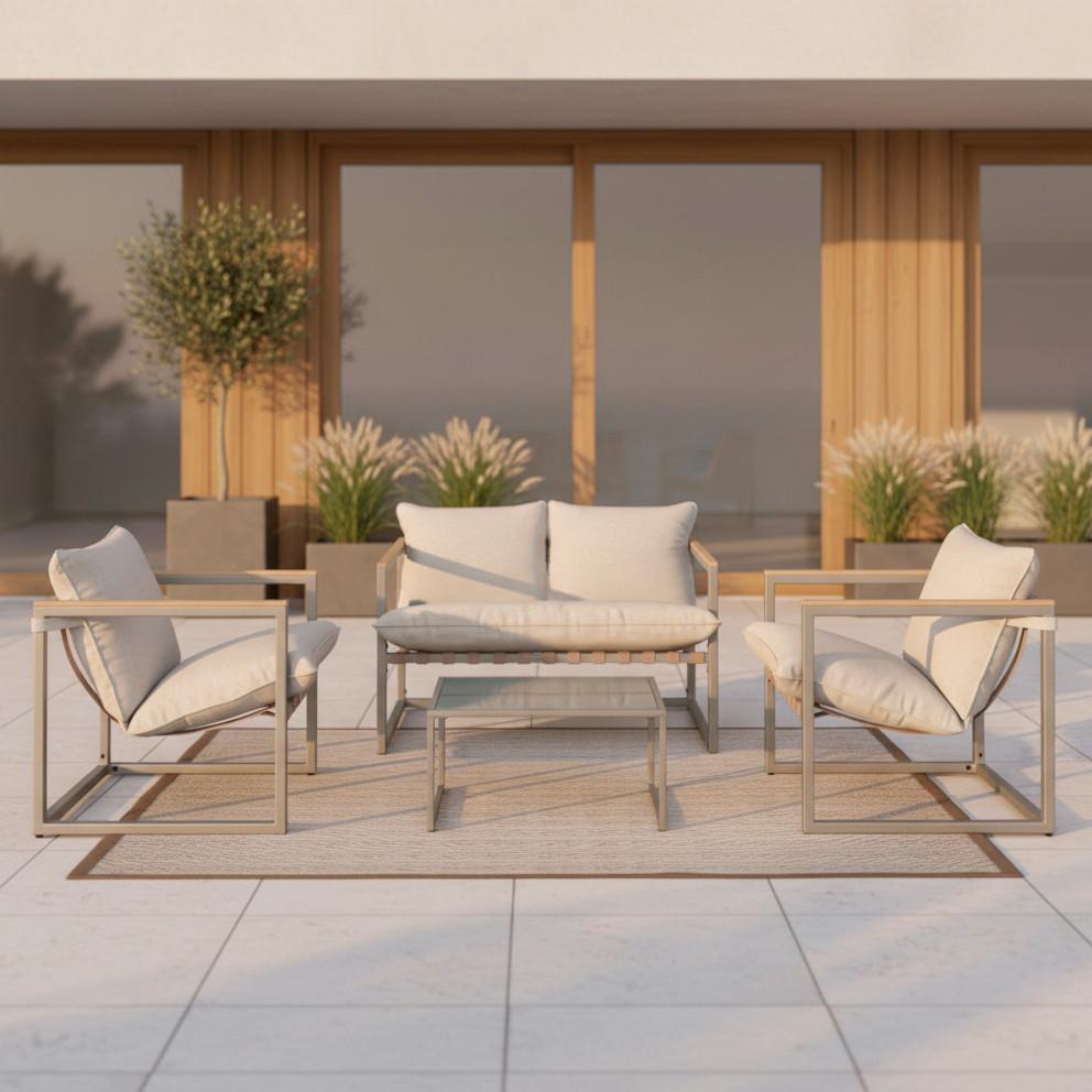 Loungegarnitur Lara Creme Metall/Outdoorstoff +Abdeckung - Creme/Grau, MODERN, Glas/Kunststoff (114cm) - Bessagi Garden