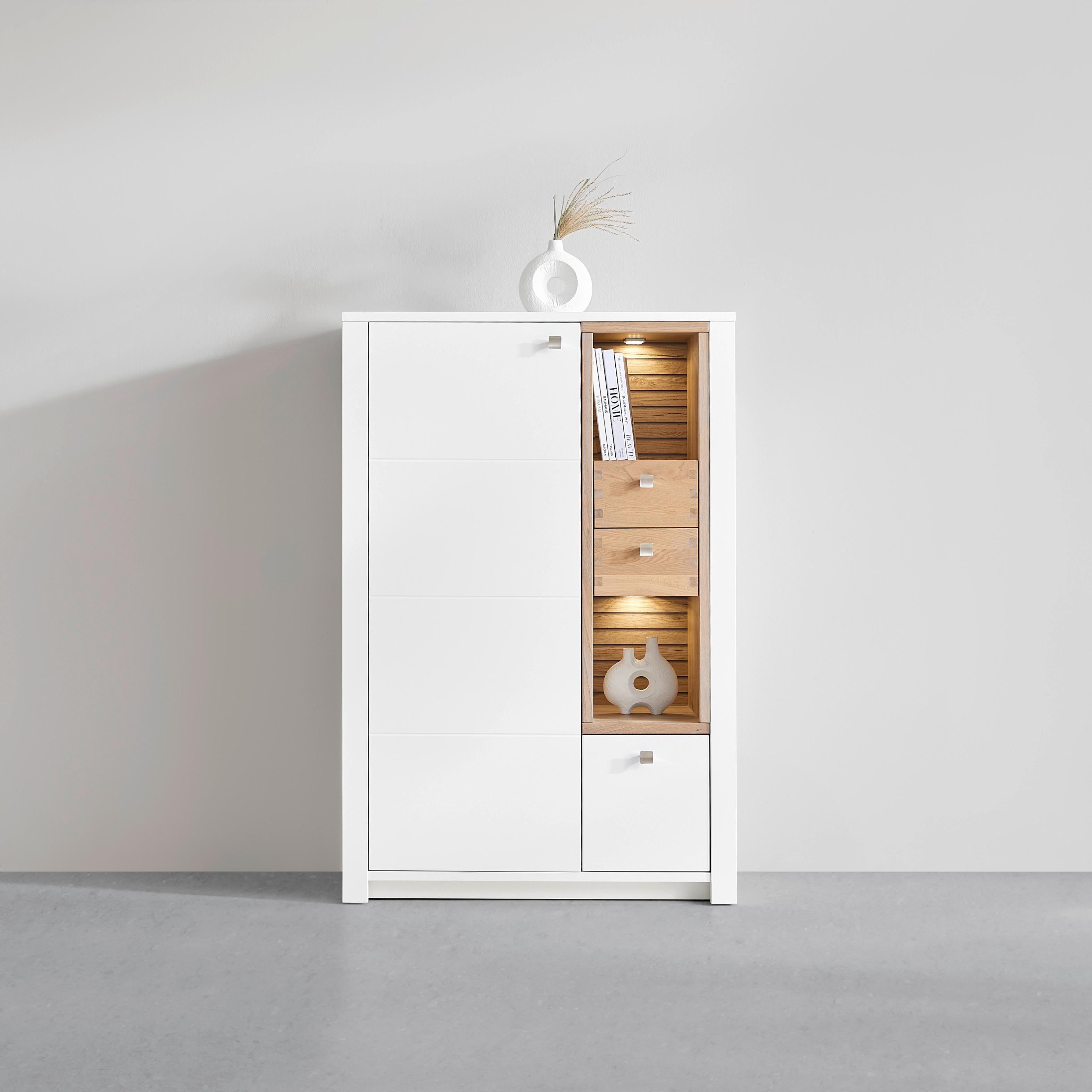 Highboard Whitehouse 10Q8WR06 Weiß/Eichefarben - Edelstahlfarben/Eichefarben, MODERN, Holz/Holzwerkstoff (92/138/41cm) - Premium Living