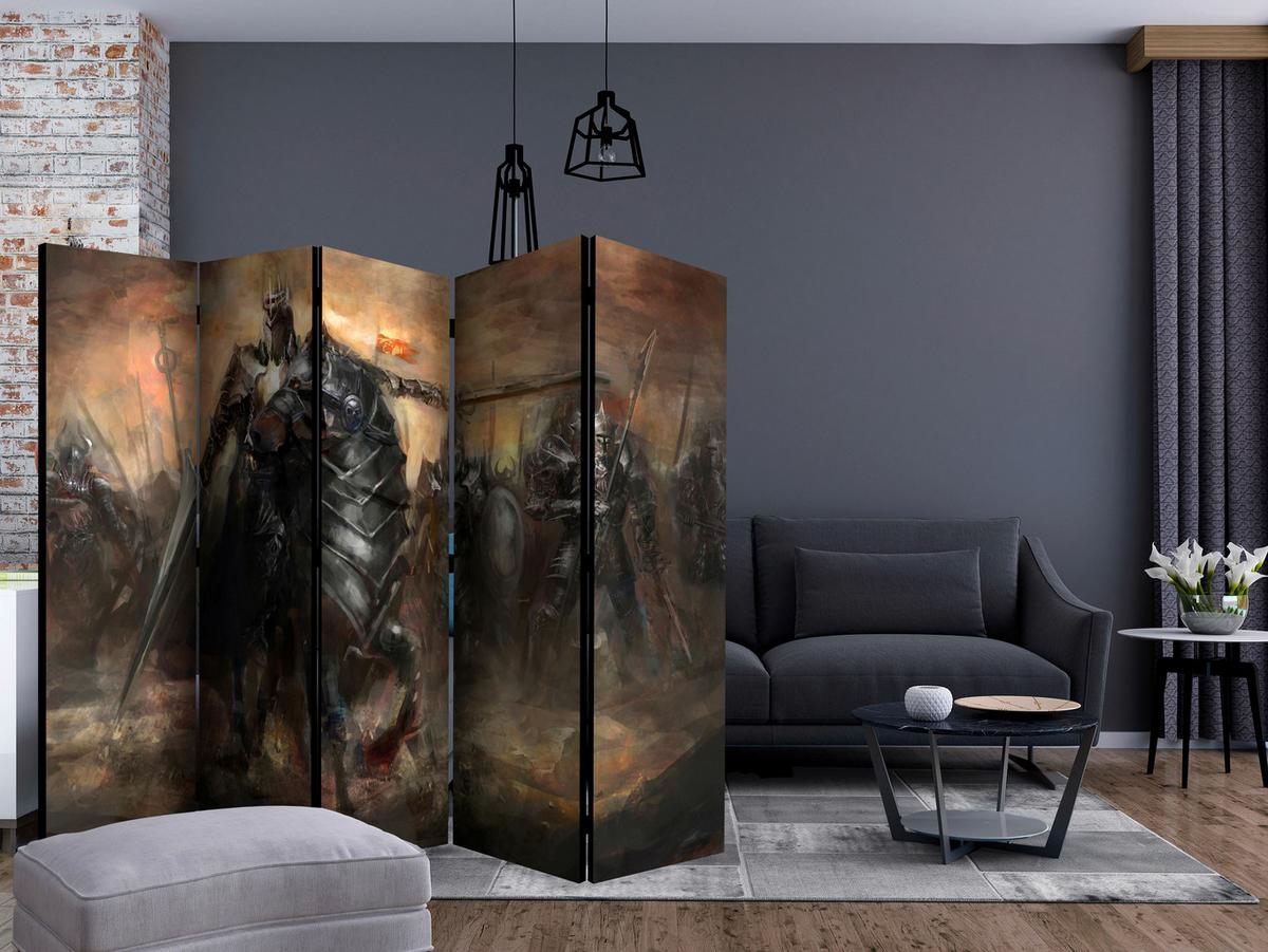 Paravan Dragon Castle I, 5-Delni, Dvostranski - siva/sivobela, Basics, tekstil/les (225/172/3cm) - artgeist