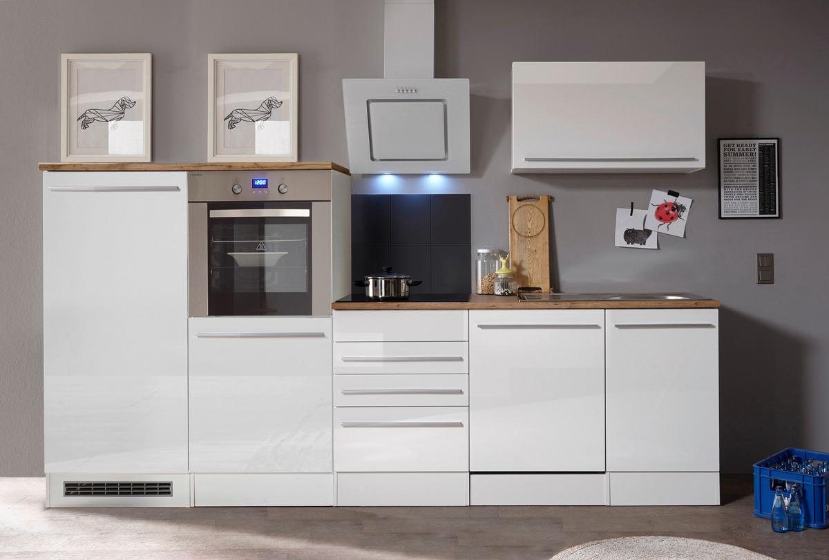 Küchenblock Premium m. Geräten Weiß/Eiche ca. 290 cm - Wildeiche/Edelstahlfarben, Basics, Holzwerkstoff/Kunststoff (290cm) - Respekta