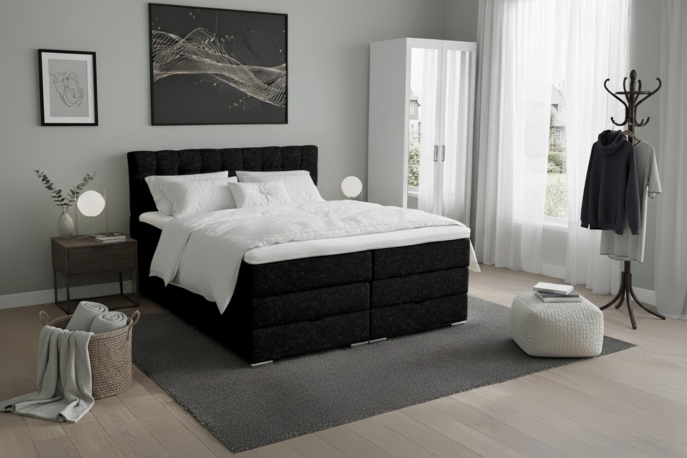 Boxspringbett London Schwarz ca. 160x200cm - Chromfarben/Schwarz, MODERN, Holz/Holzwerkstoff (160/200cm) - Premium Living