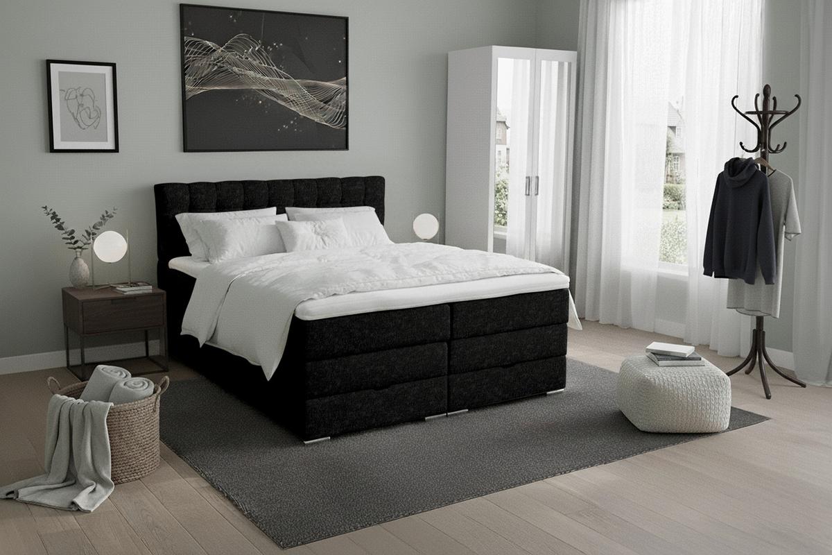 Boxspringbett London Schwarz ca. 180x200cm - Chromfarben/Schwarz, MODERN, Holz/Holzwerkstoff (180/200cm) - Premium Living