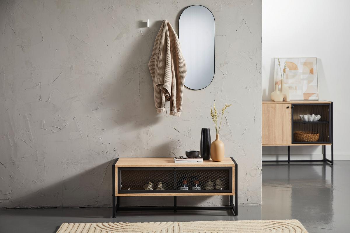 ŁAWKA Z PÓŁKĄ NA BUTY MELA SIDEBOARD - czarny/kolor dębu sonoma, Modern, metal/drewno (95/40/41cm) - P & B