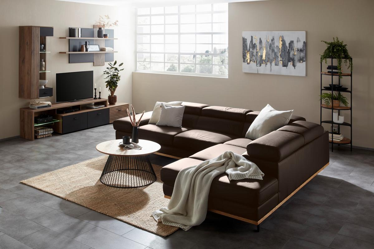 Wohnlandschaft Carmen rechts Dunkelbraun - Dunkelbraun/Schwarz, MODERN, Leder/Holz (292/72/226cm) - Premium Living