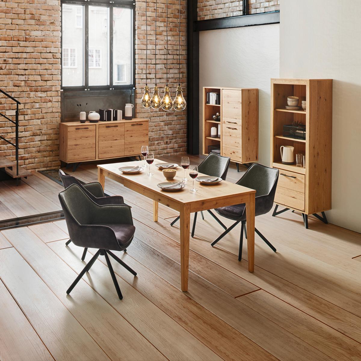 Highboard "Emilio", aus Eiche - Eichefarben/Schwarz, Modern, Holz/Metall (115/150/40cm) - Bessagi Home
