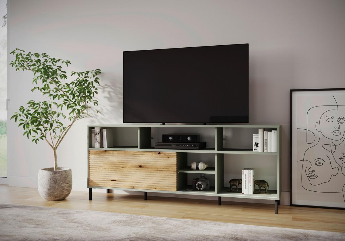 Comodă TV POZZI - culoare lemn stejar/verde gri, Trend, material pe bază de lemn (180/73,2/40cm) - Modern Living