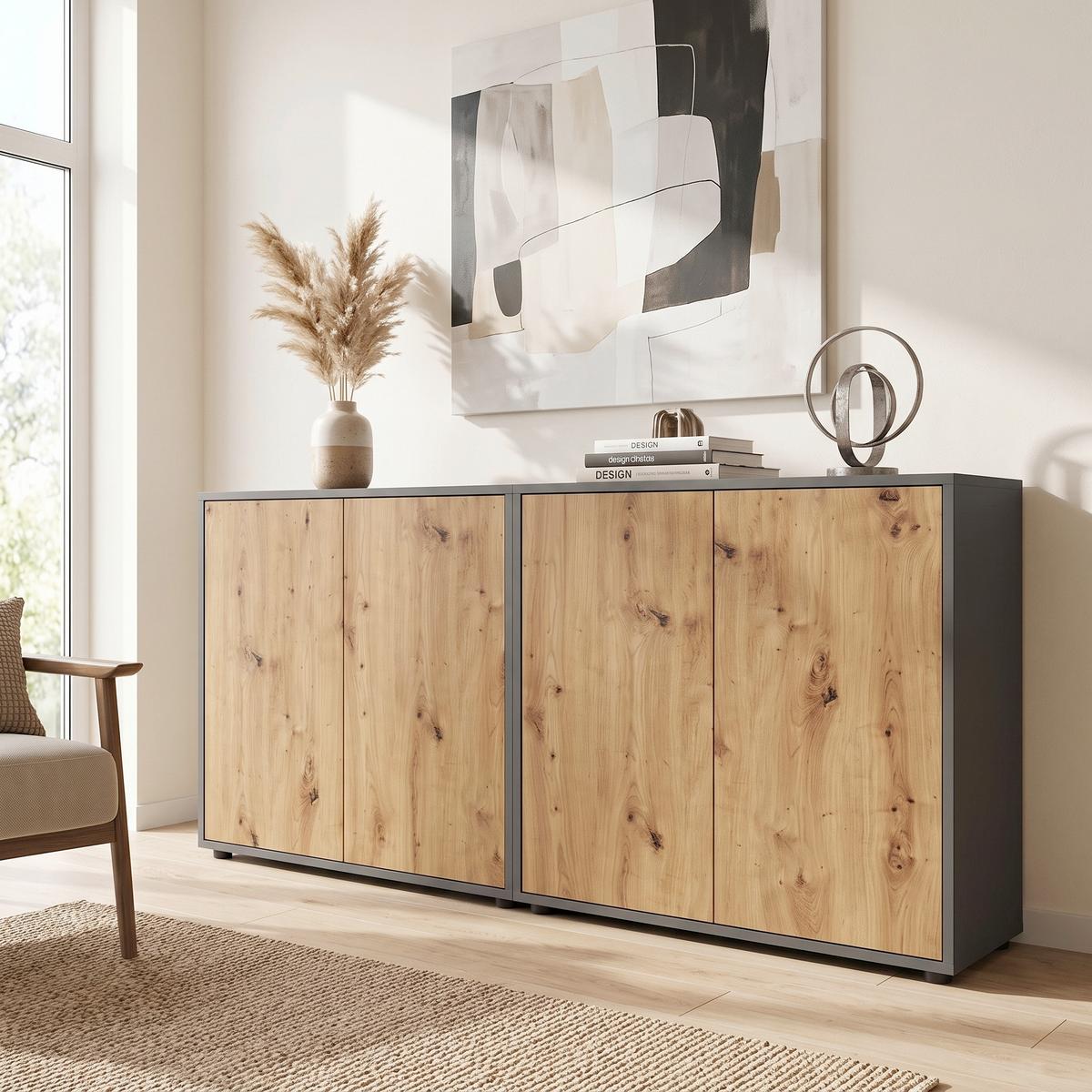 Sideboard Mailand Set 2 Anthrazit/Eiche - Anthrazit/Schwarz, MODERN, Holzwerkstoff/Kunststoff (158/73/33cm) - MID.YOU