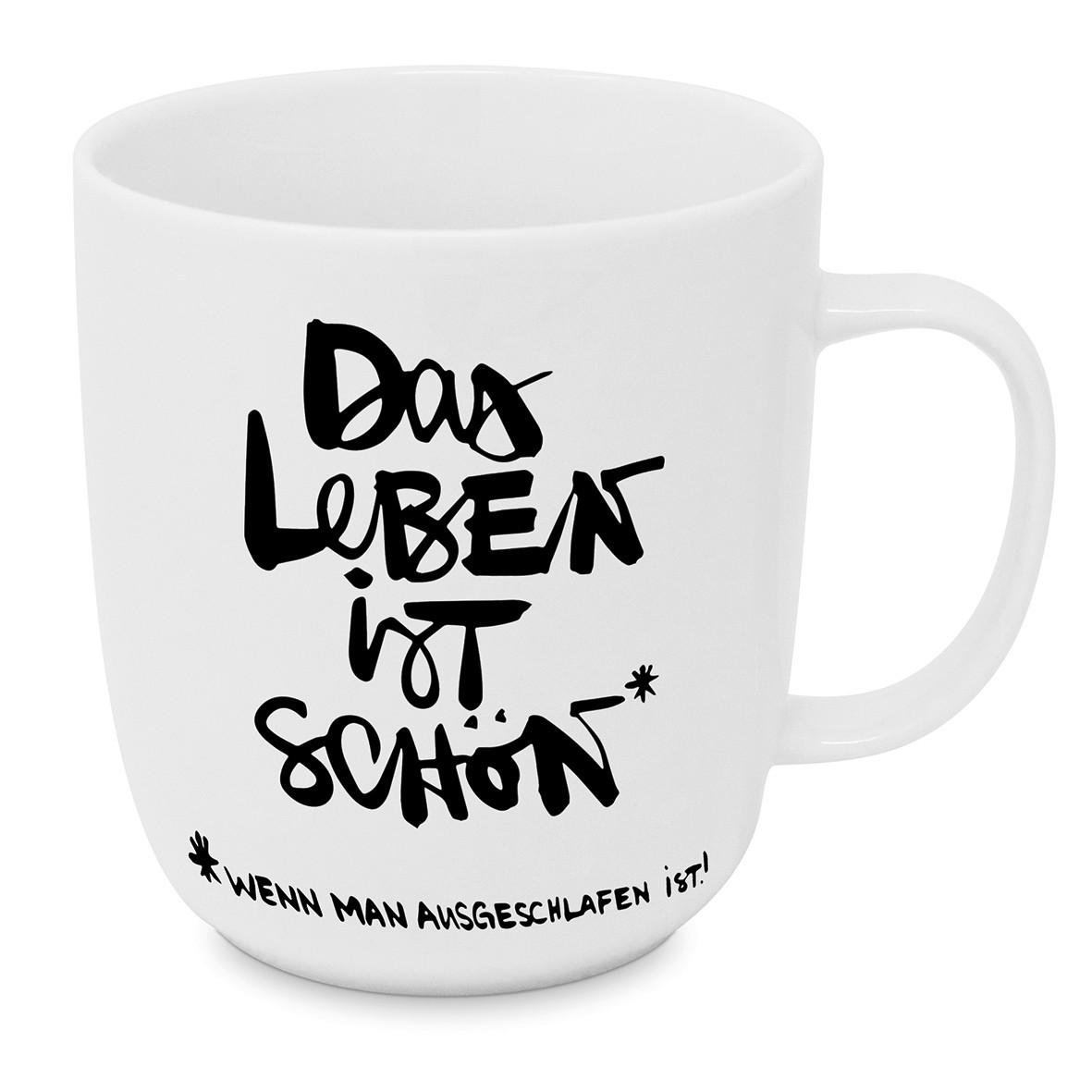 Kaffeebecher Schönes Leben aus Keramik ca. 400ml - Schwarz/Weiß, MODERN, Keramik (9/10cm)