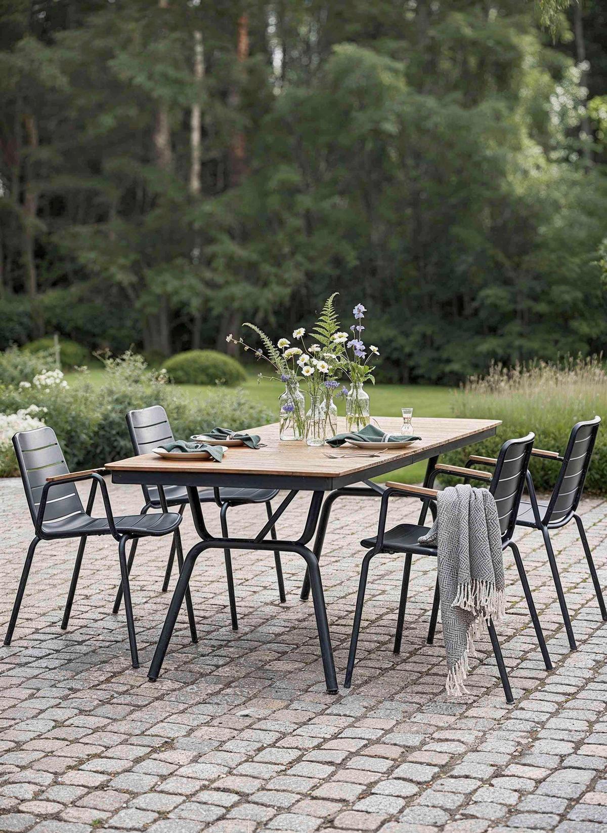 Gartentischgruppe Parc Anthrazit/Teak 5-tlg. - Anthrazit/Teakfarben, Natur, Holz/Metall (198/74/138cm) - Gardenson