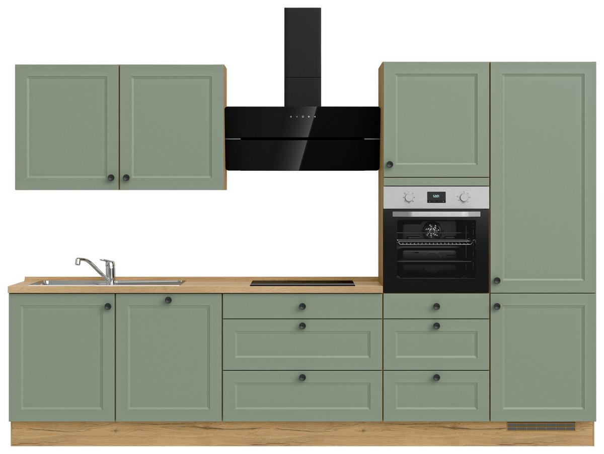 Küchenblock Cascada High m. Geräten Schilfgrün - Schilfgrün/Eichefarben, MODERN, Holzwerkstoff/Metall (330cm) - Nobilia