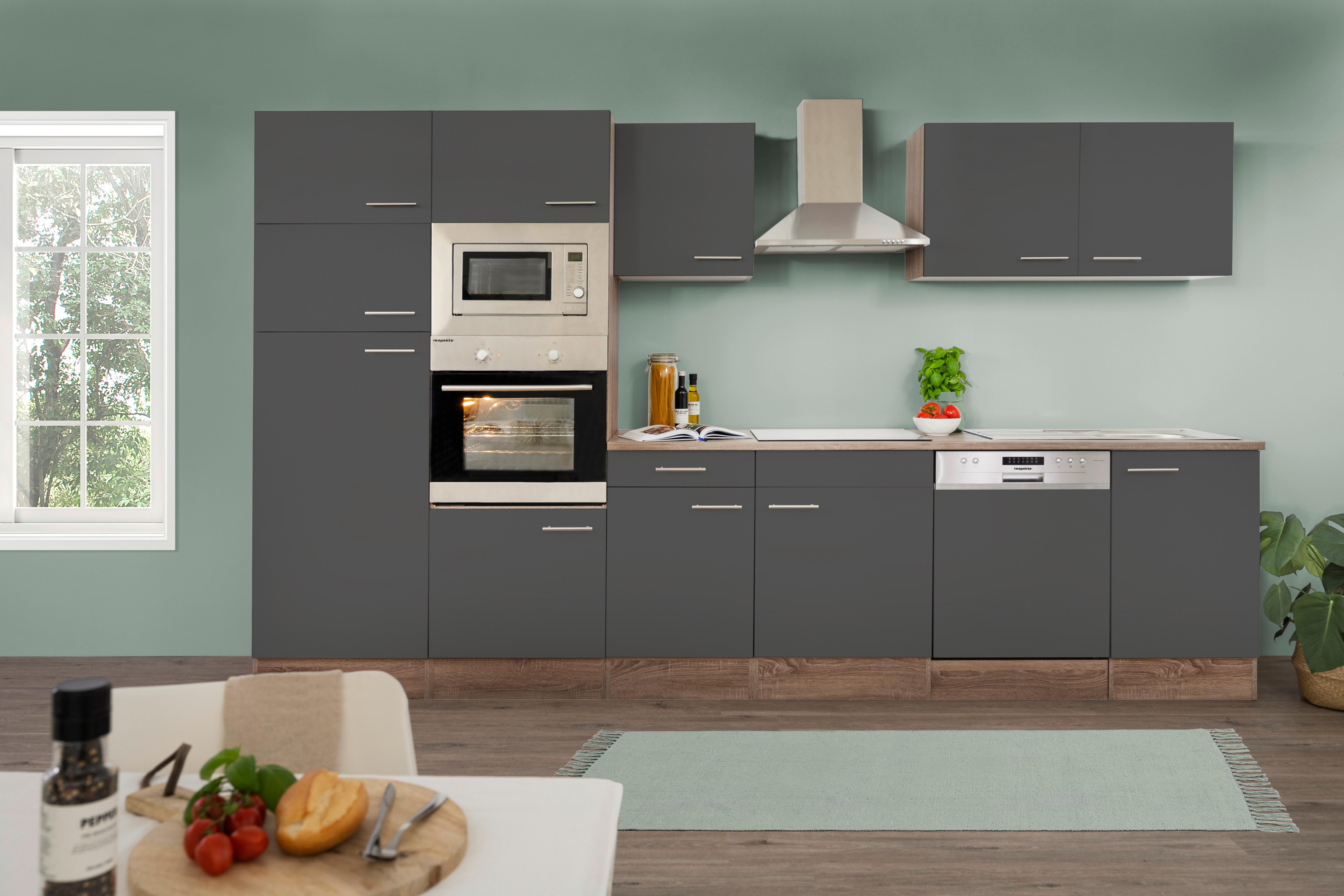 Küchenzeile Economy o. Geräte Grau/Eiche B: ca. 340 cm - Edelstahlfarben/Eichefarben, Basics, Holzwerkstoff/Metall (340cm) - Respekta