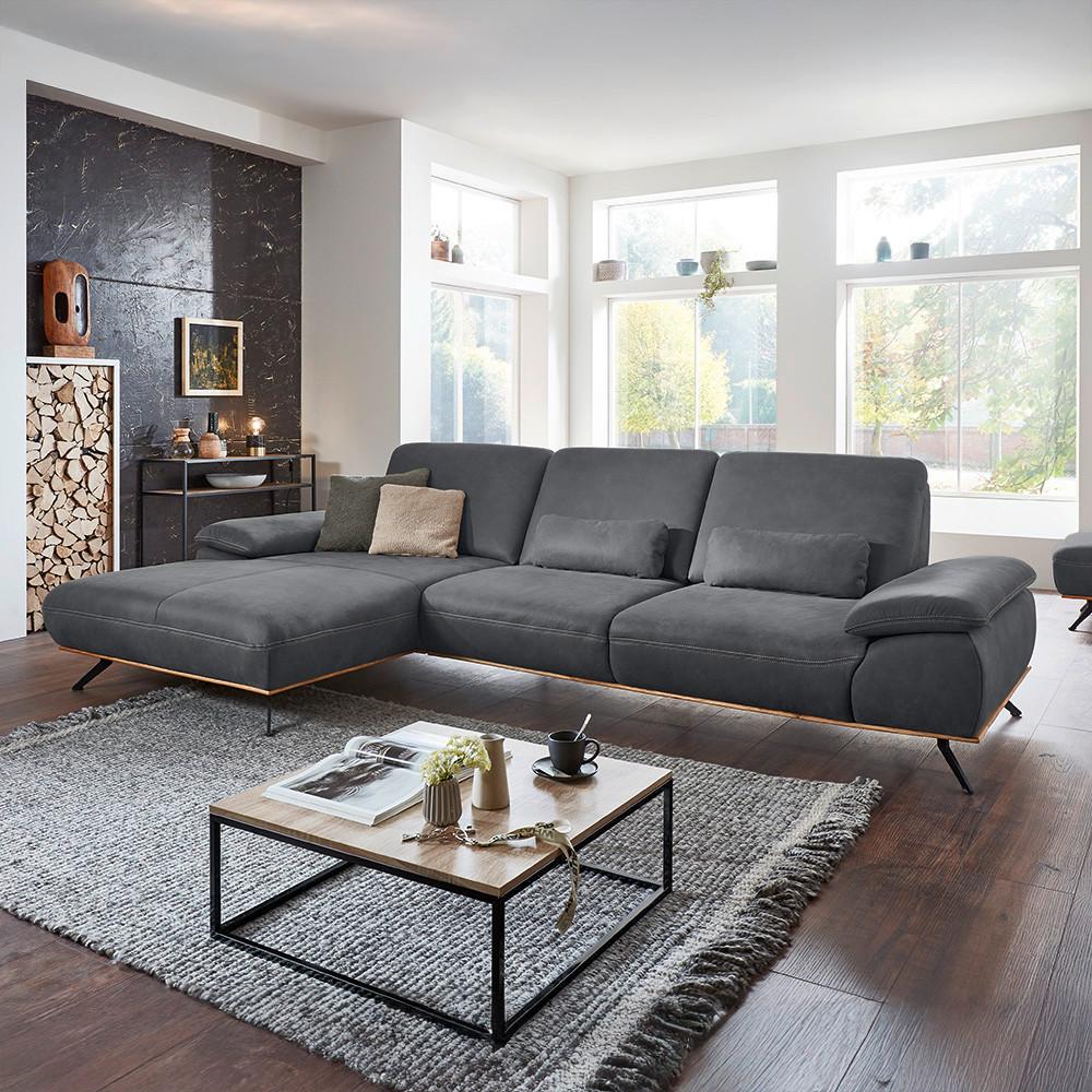 Wohnlandschaft Erling Graphitfarben - Beige/Graphitfarben, MODERN, Leder/Metall (187/89/322cm) - Premium Living