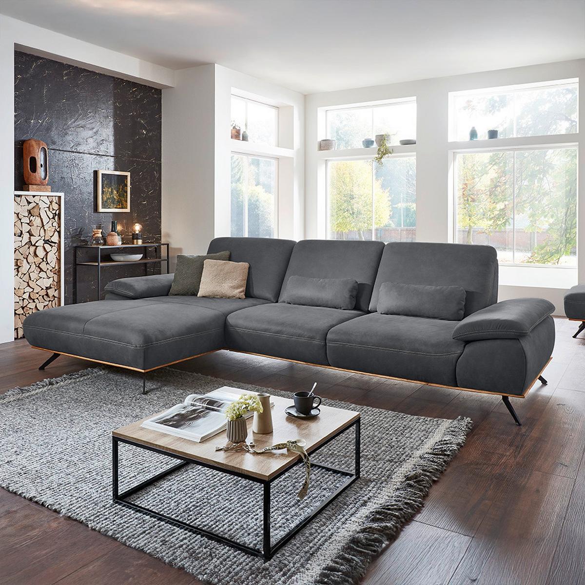 Wohnlandschaft Erling Graphitfarben - Beige/Graphitfarben, MODERN, Leder/Metall (187/89/322cm) - Premium Living