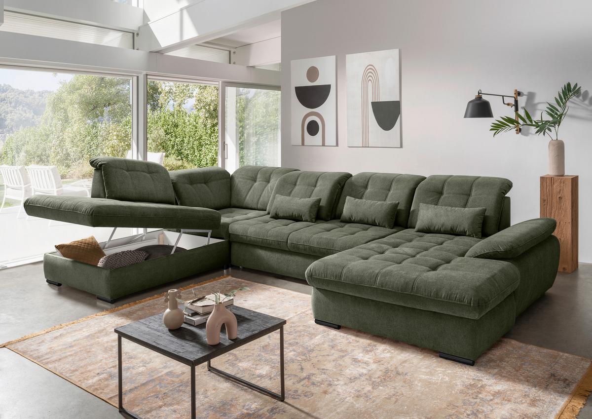 Wohnlandschaft Rigatti Dunkel Grün Chenille m. Bettkasten - Dunkelgrün/Schwarz, MODERN, Textil/Metall (252/387/184cm) - Livetastic