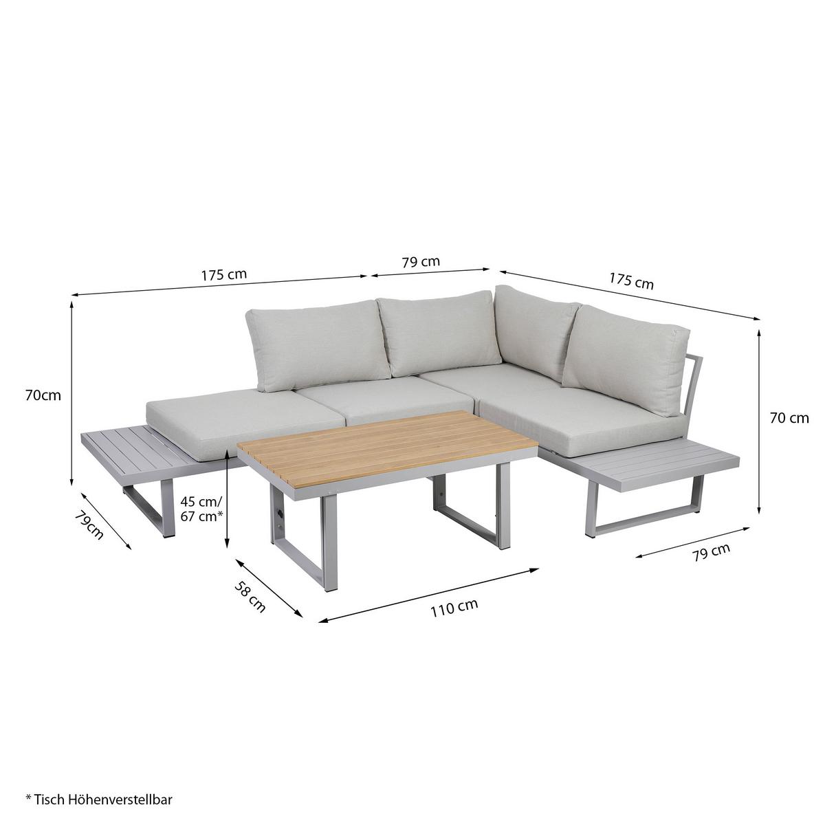 Loungegarnitur 3-tlg. Aruba Holz/Metall/Textil mit Kissen - Grau, Basics, Holz/Textil (175/70/175cm) - Gardenson