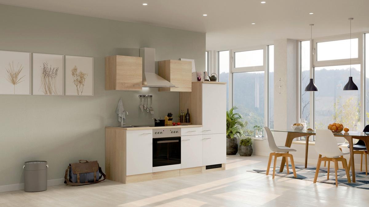 Küchenblock Samoa Weiß/Eichefarben mit Geräten - Alufarben/Weiß, MODERN, Holzwerkstoff/Kunststoff (220cm) - FlexWell