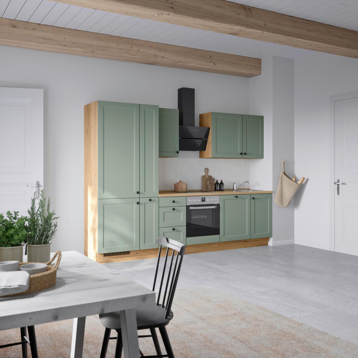 Küchenblock Cascada High m. Geräten Schilfgrün - Schilfgrün/Eichefarben, MODERN, Holzwerkstoff/Metall (300cm) - Nobilia