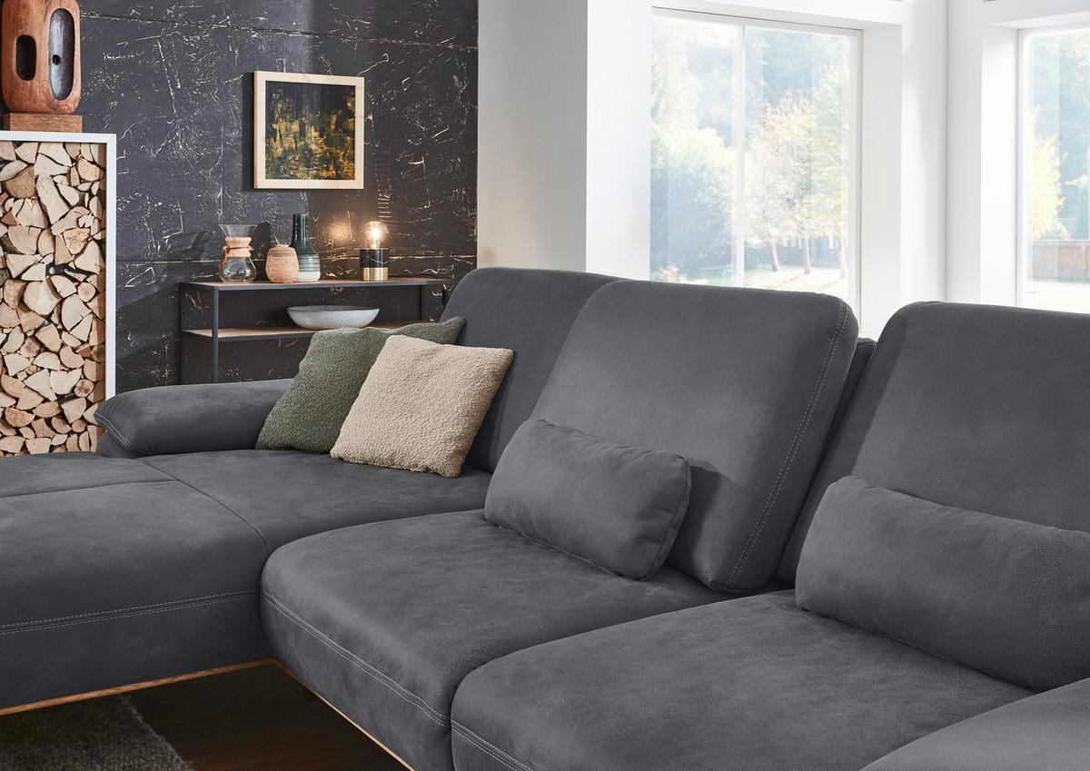 Wohnlandschaft Erling Graphitfarben - Beige/Graphitfarben, MODERN, Leder/Metall (187/89/322cm) - Premium Living