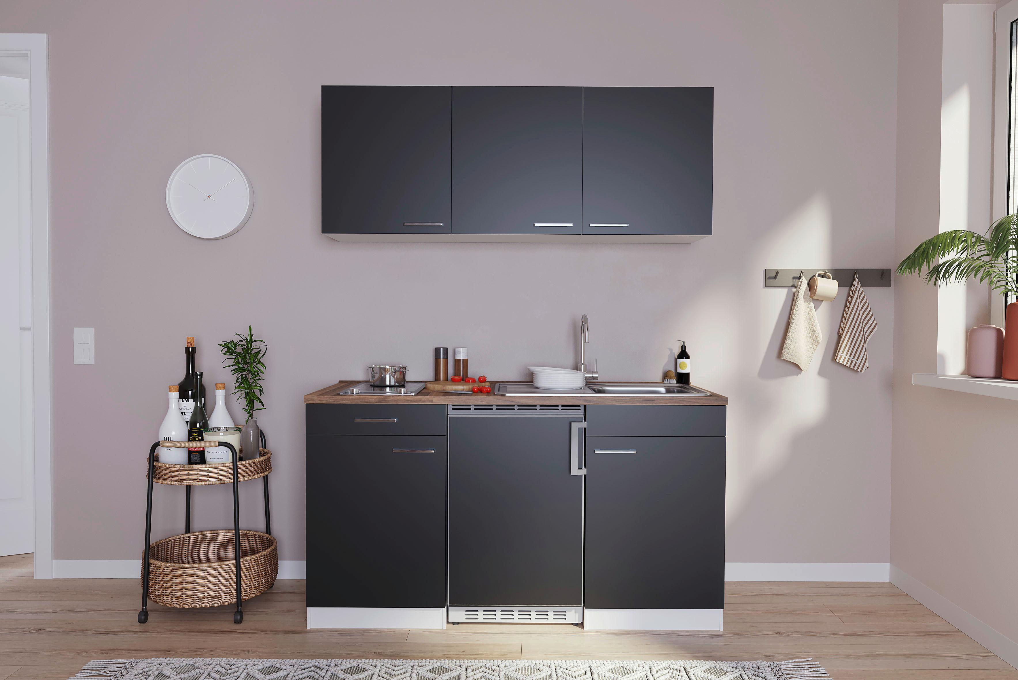 Miniküche Economy m. Geräten Schwarz/Nussbaum B: ca. 150 cm - Edelstahlfarben/Nussbaumfarben, Basics, Holzwerkstoff/Kunststoff (150cm) - Respekta