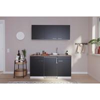 Miniküche Economy m. Geräten Schwarz/Nussbaum B: ca. 150 cm - Edelstahlfarben/Nussbaumfarben, Basics, Holzwerkstoff/Kunststoff (150cm) - Respekta