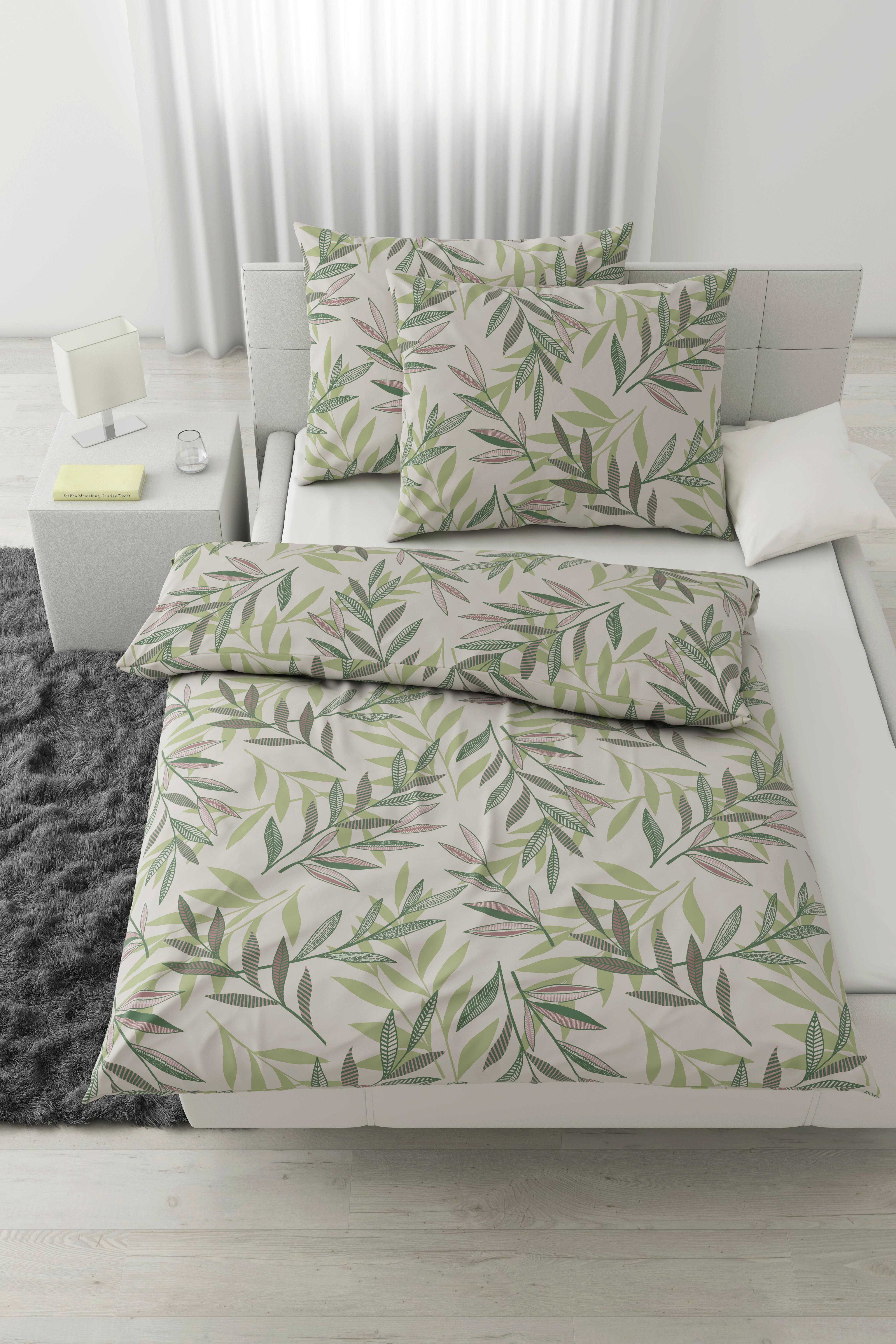 Lenjerie de pat Stitched Leaves,cca. 200x220/2x50x70 cm - bej/verde, textil (200/220cm) - Modern Living