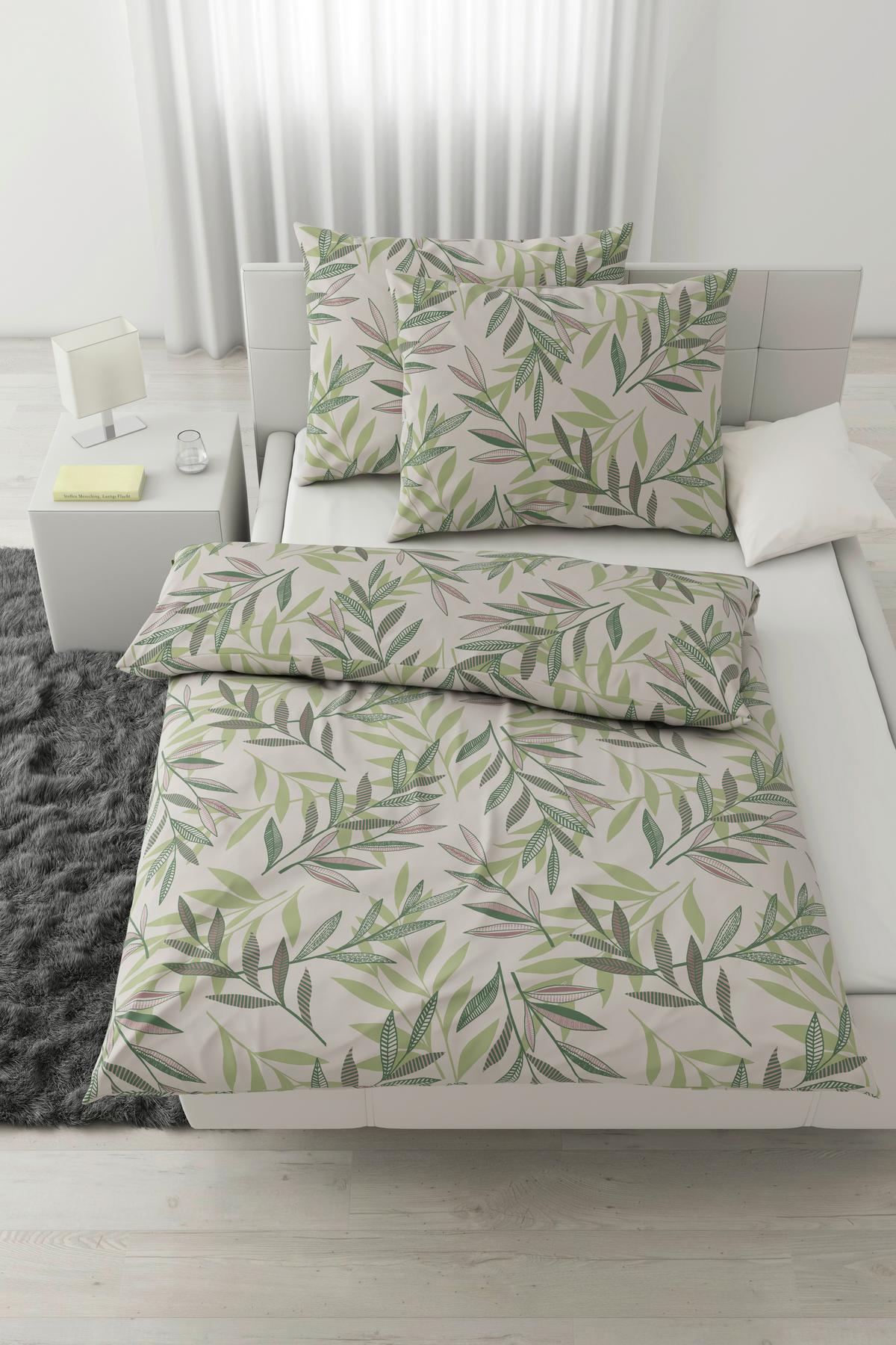 Lenjerie de pat Stitched Leaves,cca. 200x220/2x50x70 cm - bej/verde, textil (200/220cm) - Modern Living