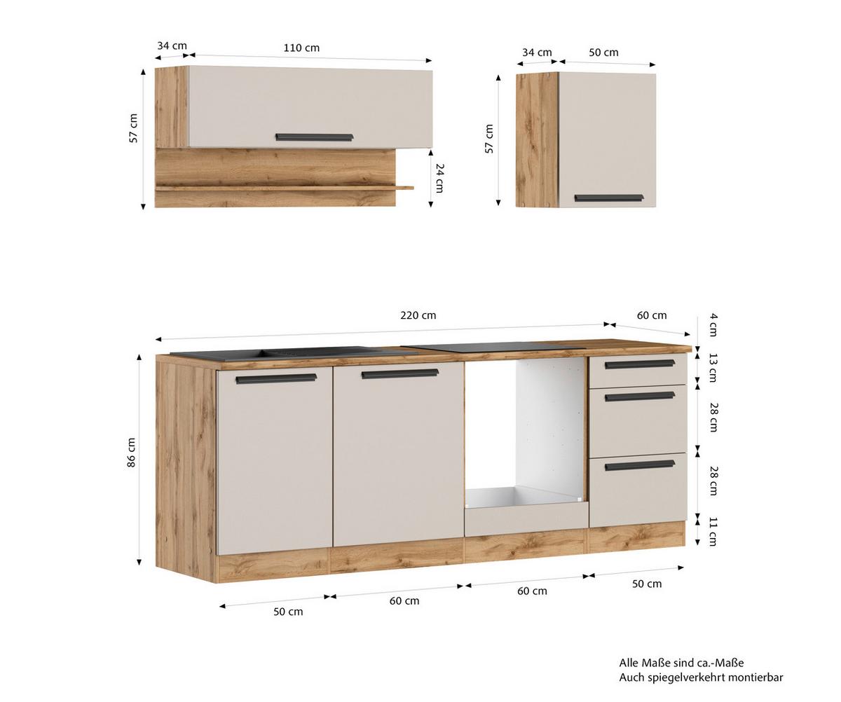 Küchenleerblock Aveiro o. Geräte Kaschmir - Kaschmir/Eiche Wotan, Trend, Holzwerkstoff/Metall (220cm) - Held