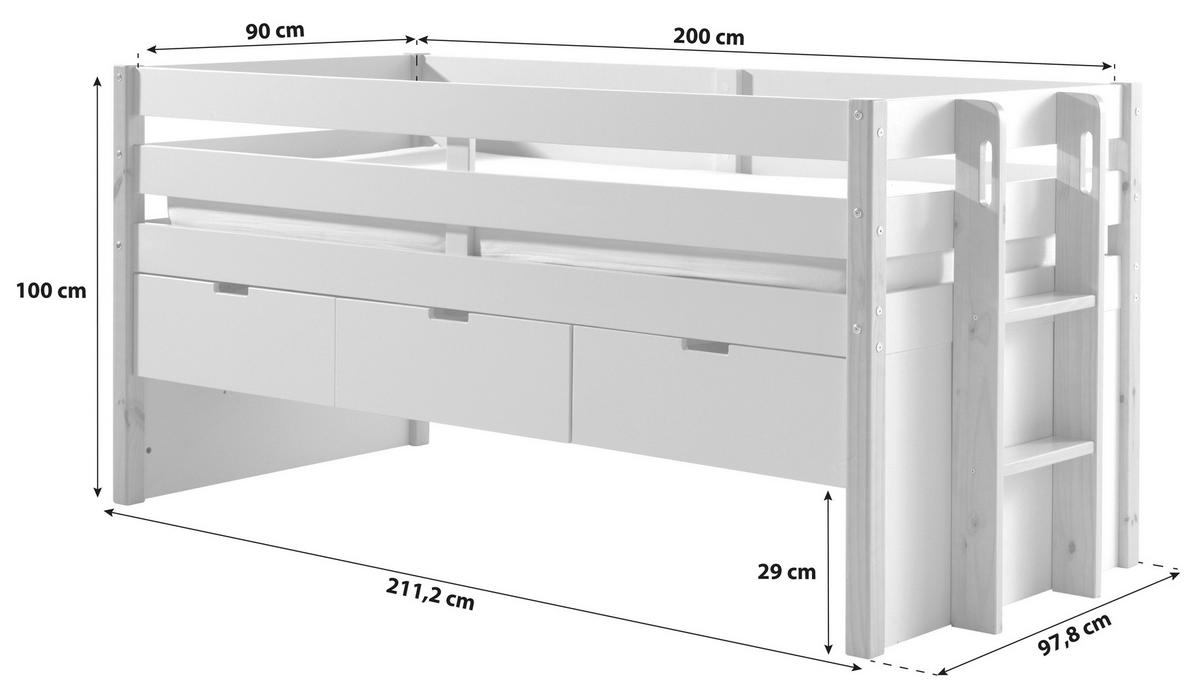 Stauraumbett Holz Margrit ca. 90x200 cm Weiß - Weiß/Kieferfarben, MODERN, Holz/Holzwerkstoff (90/200cm) - MID.YOU