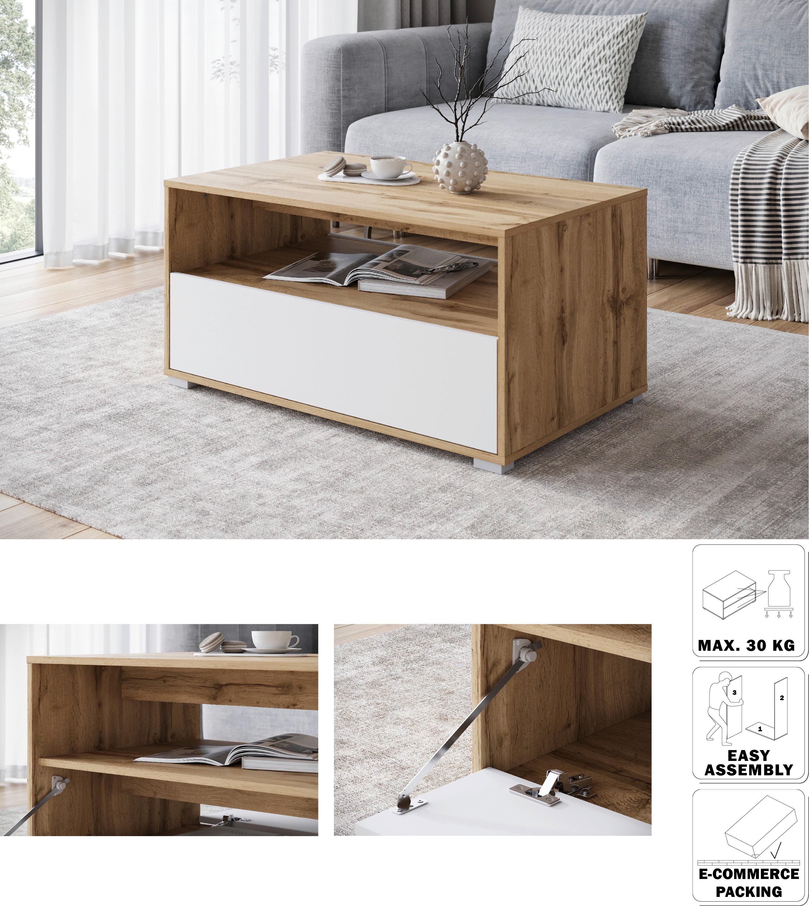 Couchtisch Narobi-II ca. 90x45x55 cm Eiche/Weiß - Eiche Wotan/Weiß, Trend, Holzwerkstoff/Kunststoff (90/45/55cm) - Livetastic