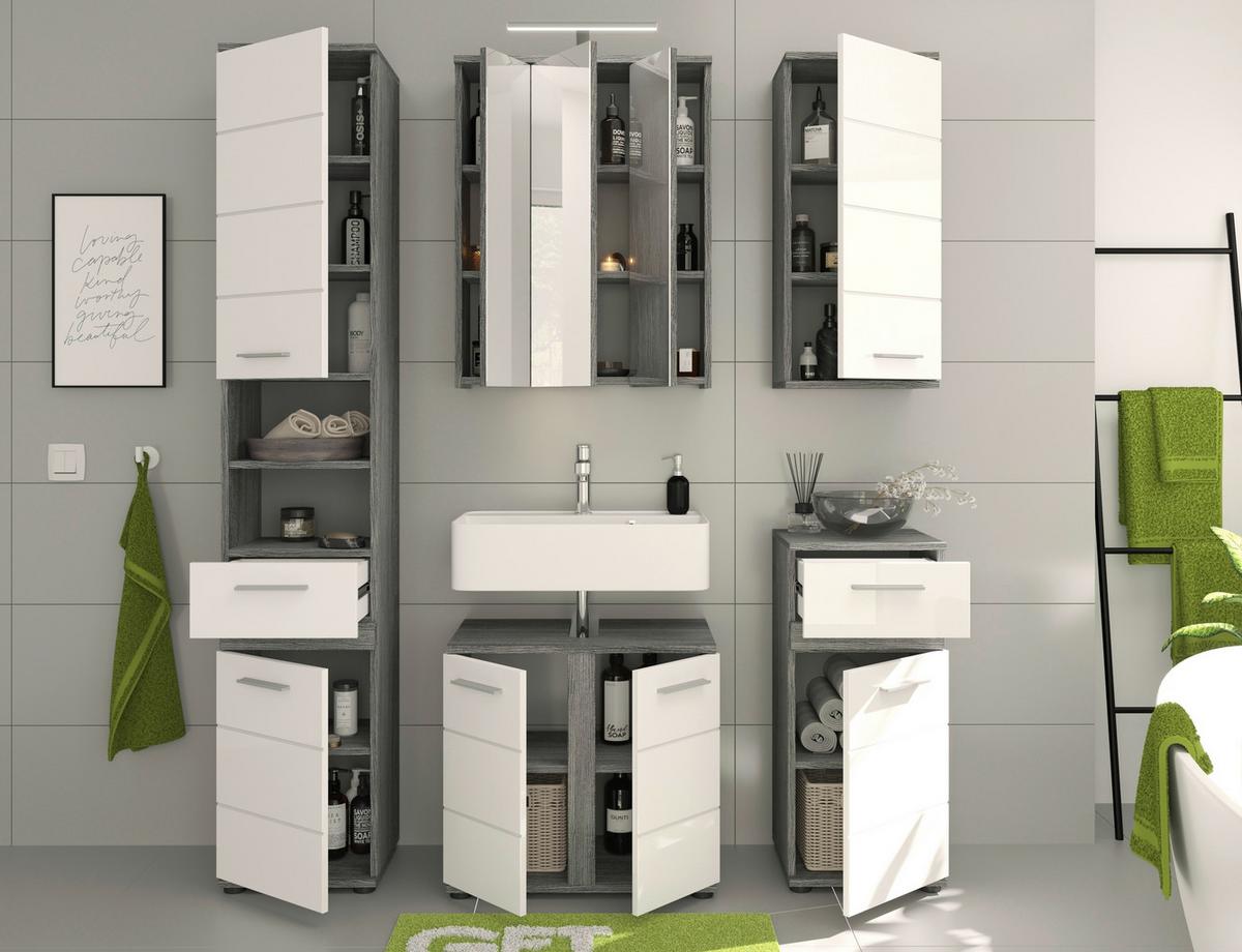 Badezimmer-Set BLAKE 5-teilig, Weiß Hochglanz - Weiß Hochglanz/Silberfarben, MODERN, Glas/Holzwerkstoff (150cm) - MID.YOU