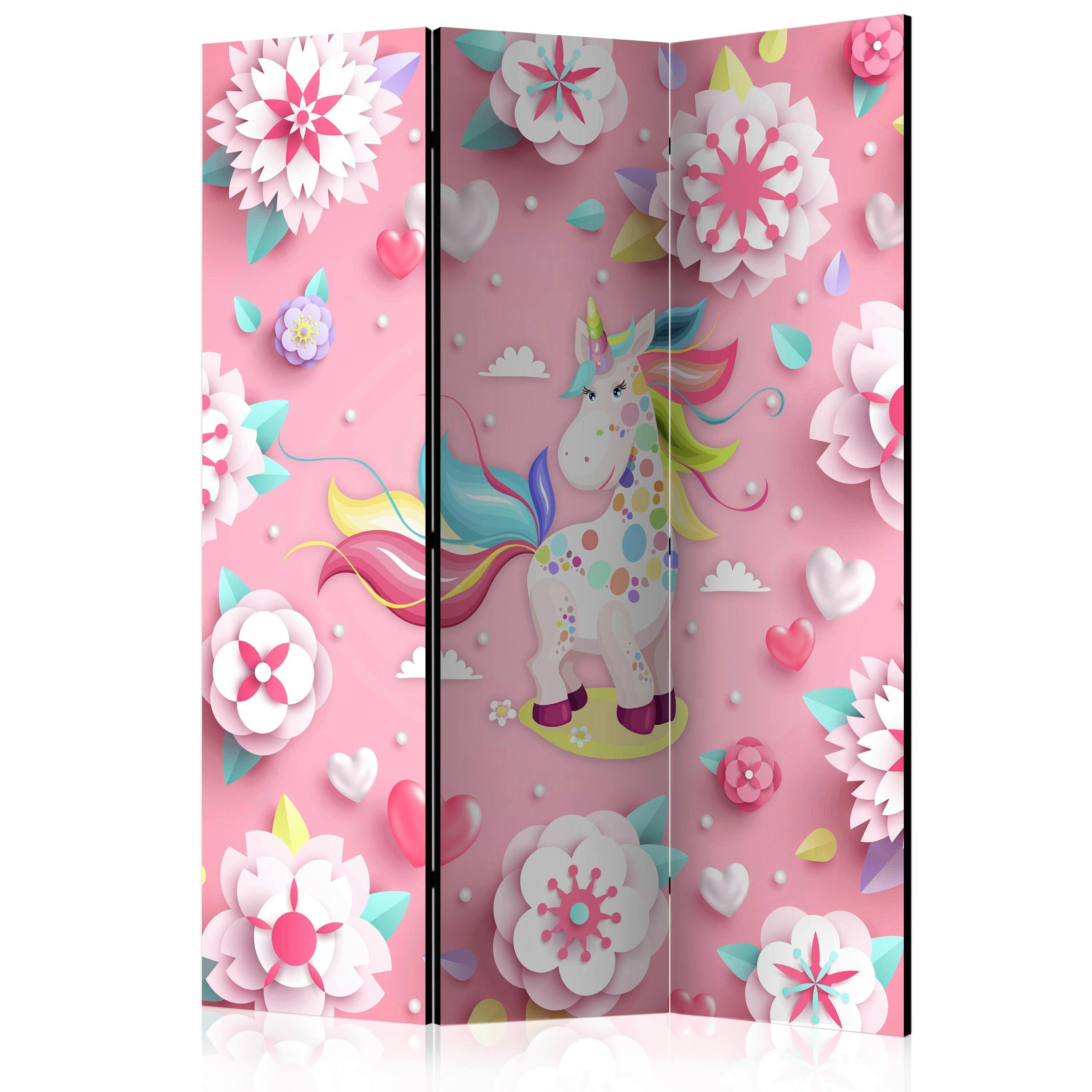 Paravan Unicorn On Flowerbed, 3-Delni, Dvostranski - pink/večbarvno, Basics, tekstil/les (135/172/3cm) - artgeist