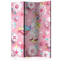 Paravan Unicorn On Flowerbed, 3-Delni, Dvostranski - pink/večbarvno, Basics, tekstil/les (135/172/3cm) - artgeist