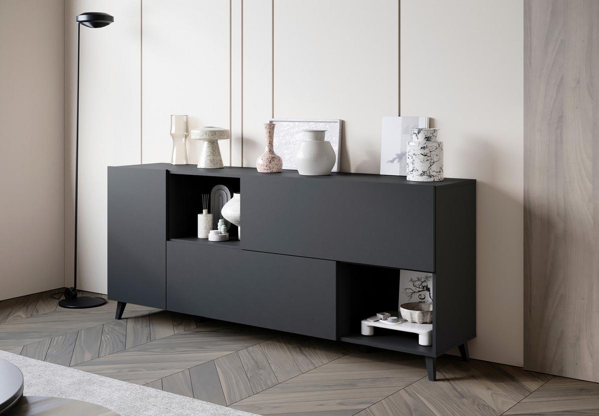 Comodă cu uși PHUKET - negru, Design, material pe bază de lemn (180/76/39cm) - P & B