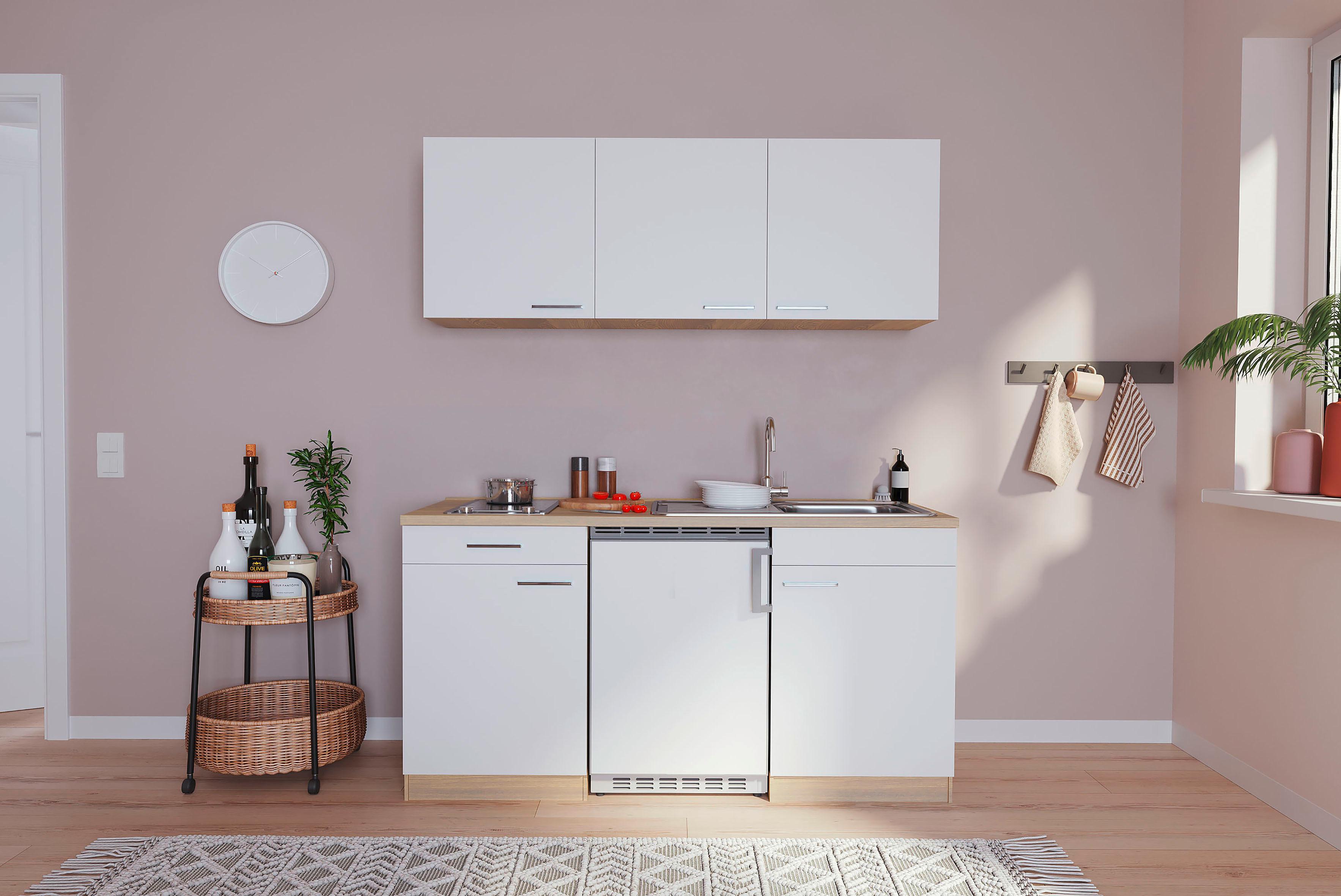 Miniküche Economy m. Geräten B: ca. 150cm Weiß/Eichefarben - Eichefarben/Weiß, Basics, Holzwerkstoff (150cm) - Respekta